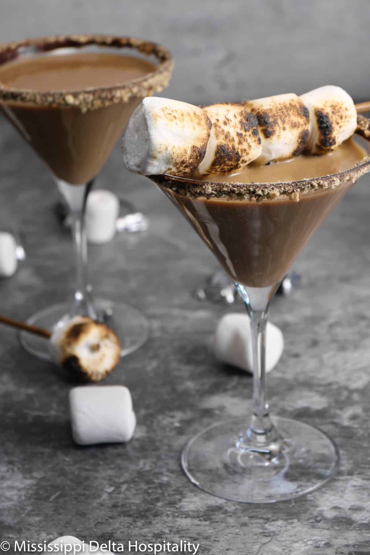 two martini glasses with toasted marshmallows on a concrete board