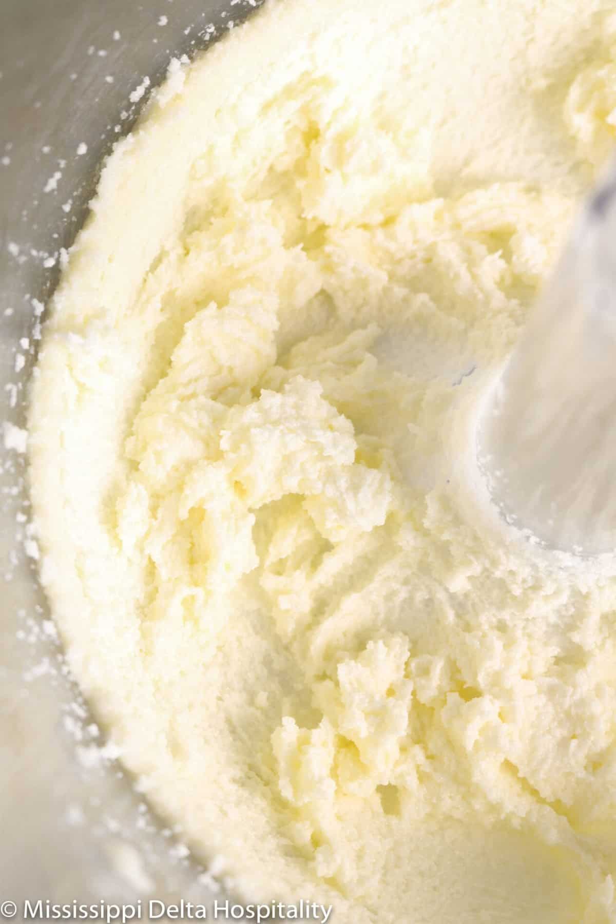 butter and sugar mixed together in a mixer
