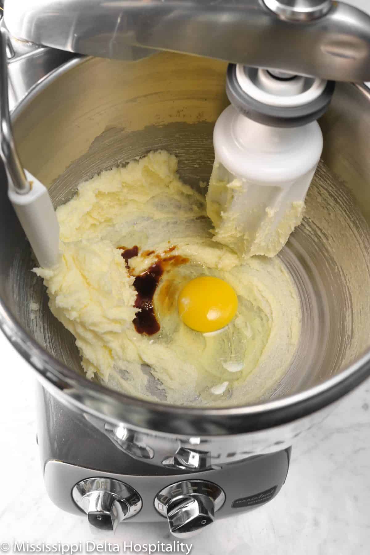 egg and vanilla added to butter mixture in mixer