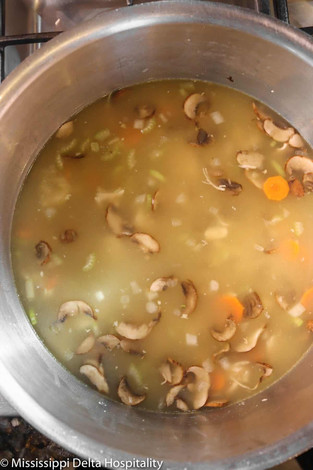 chicken broth added to vegetable and chicken mix