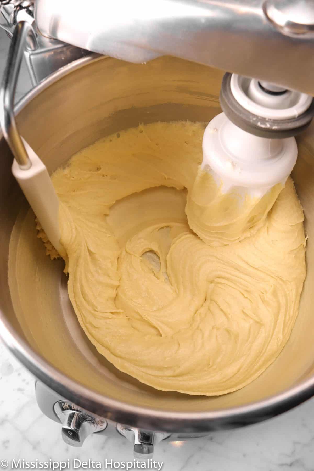 honey cake batter in a mixing bowl