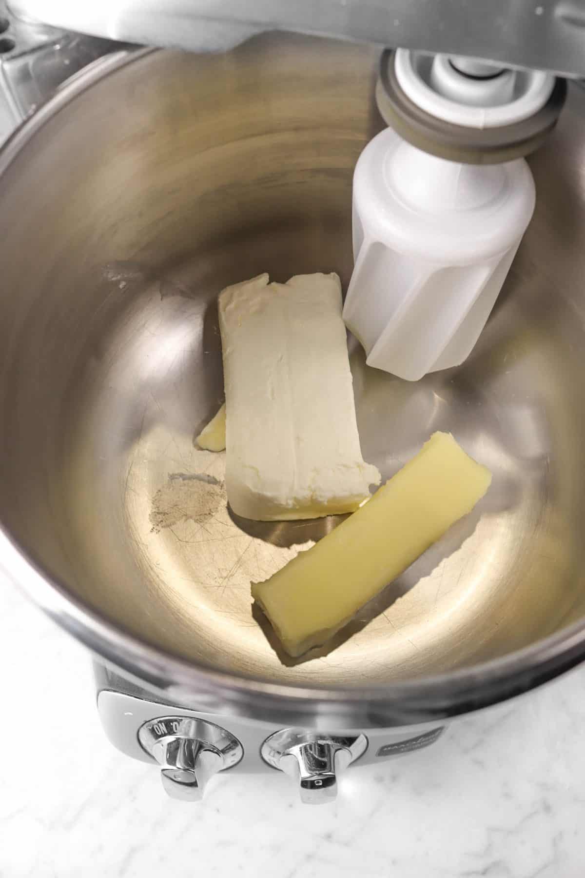 butter and cream cheese in a mixer