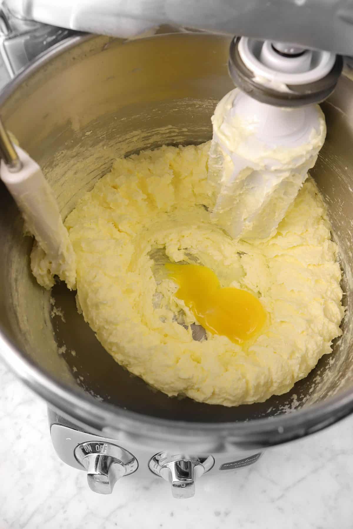 egg added to butter, sugar, and egg mixture