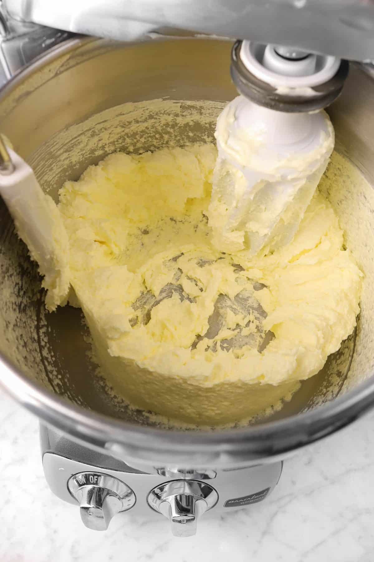 egg, sugar, and butter mixture in a mixer