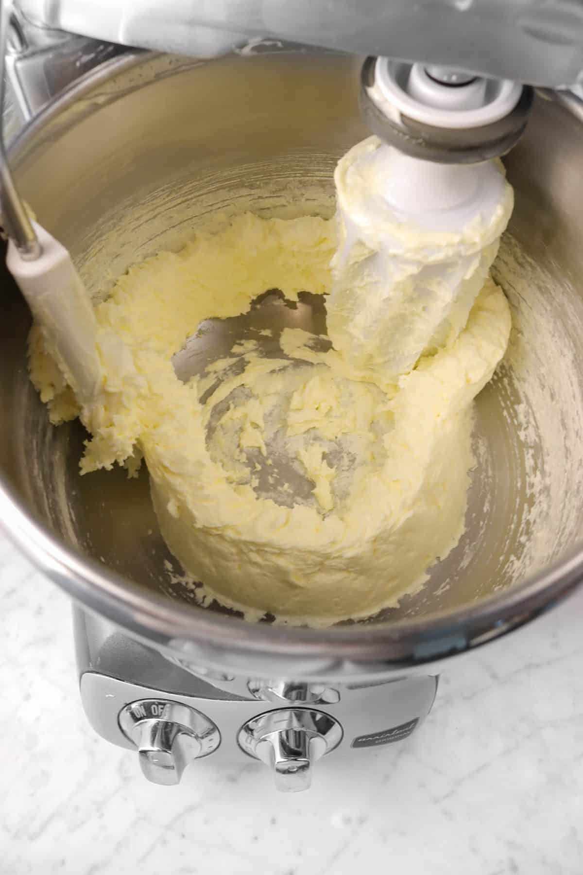 sugar, butter, and egg mixture in a mixture