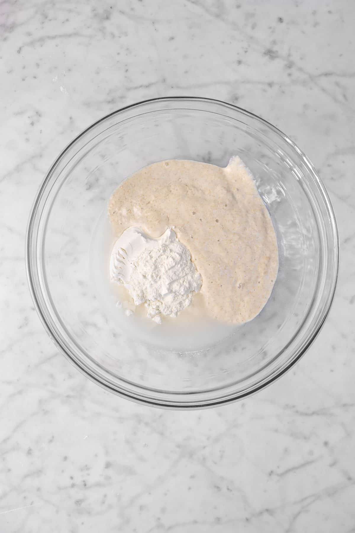 flour, sourdough starter, and water in a glass bowl