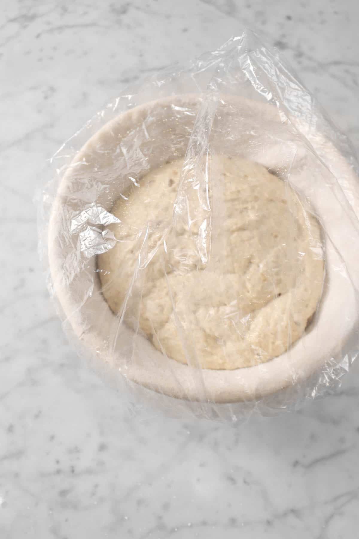 dough in a banneton covered with a plastic shower cap