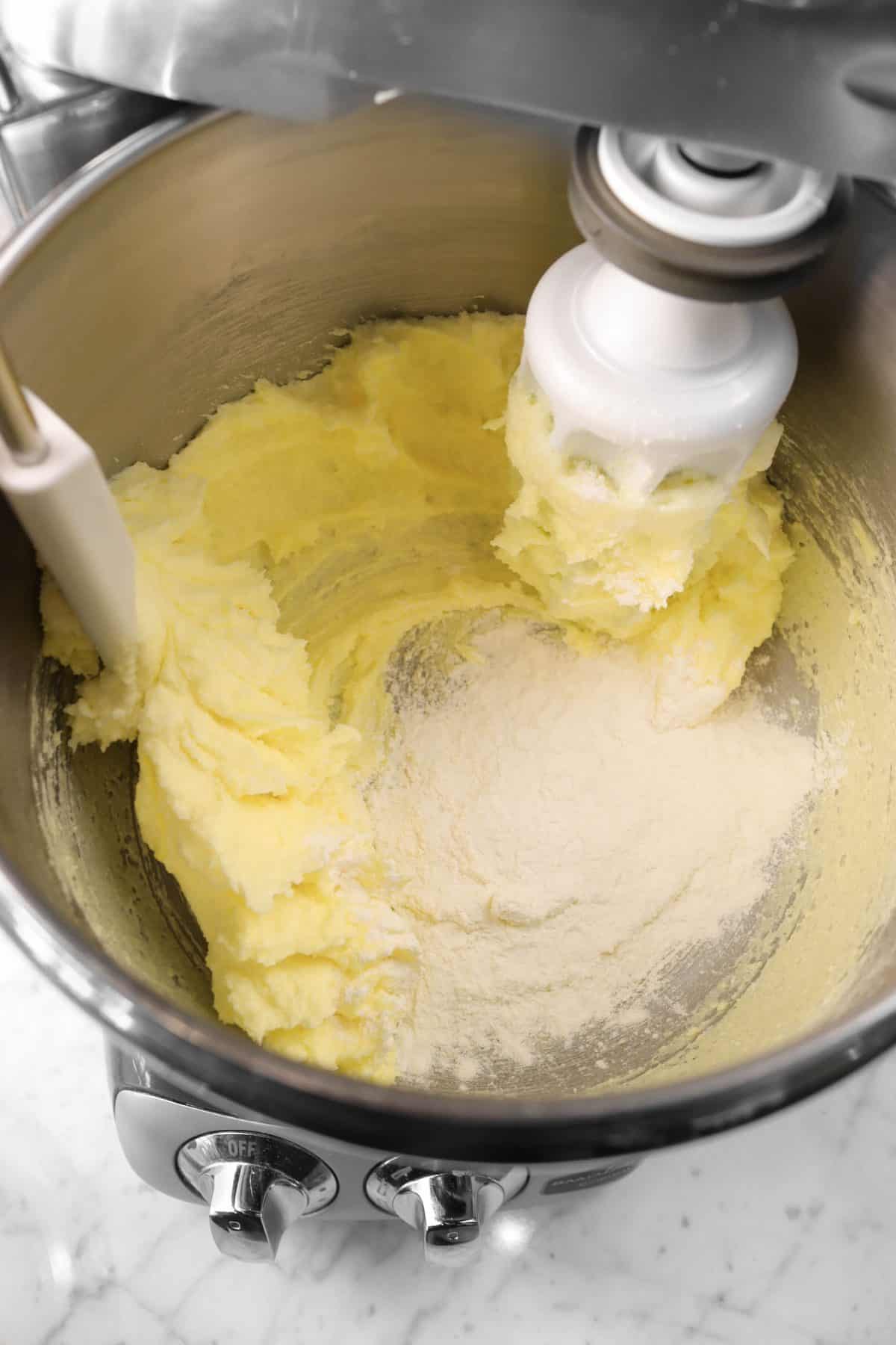 flour addd to butter and sugar mixture