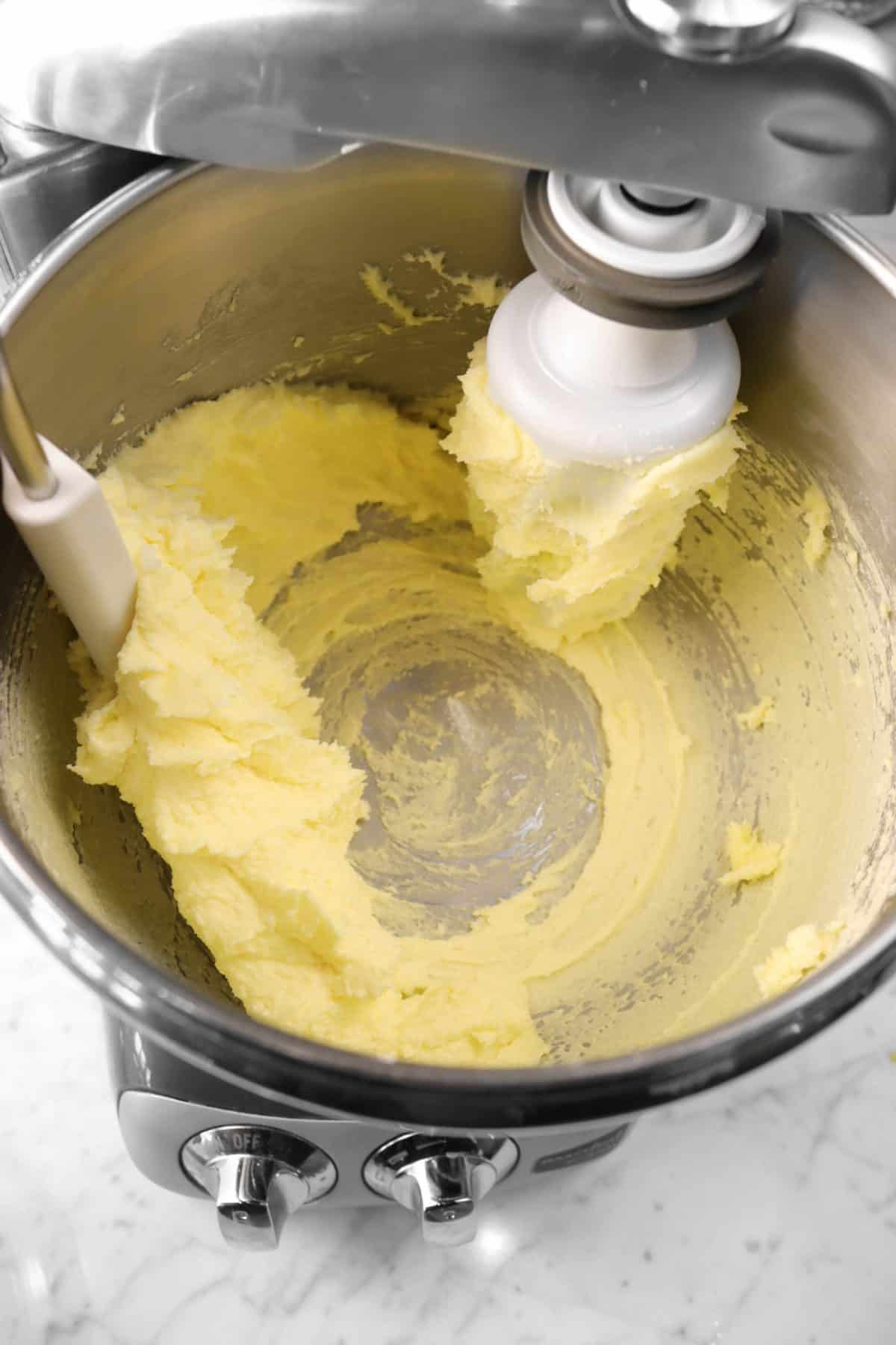 flour mixed into butter and sugar mixture