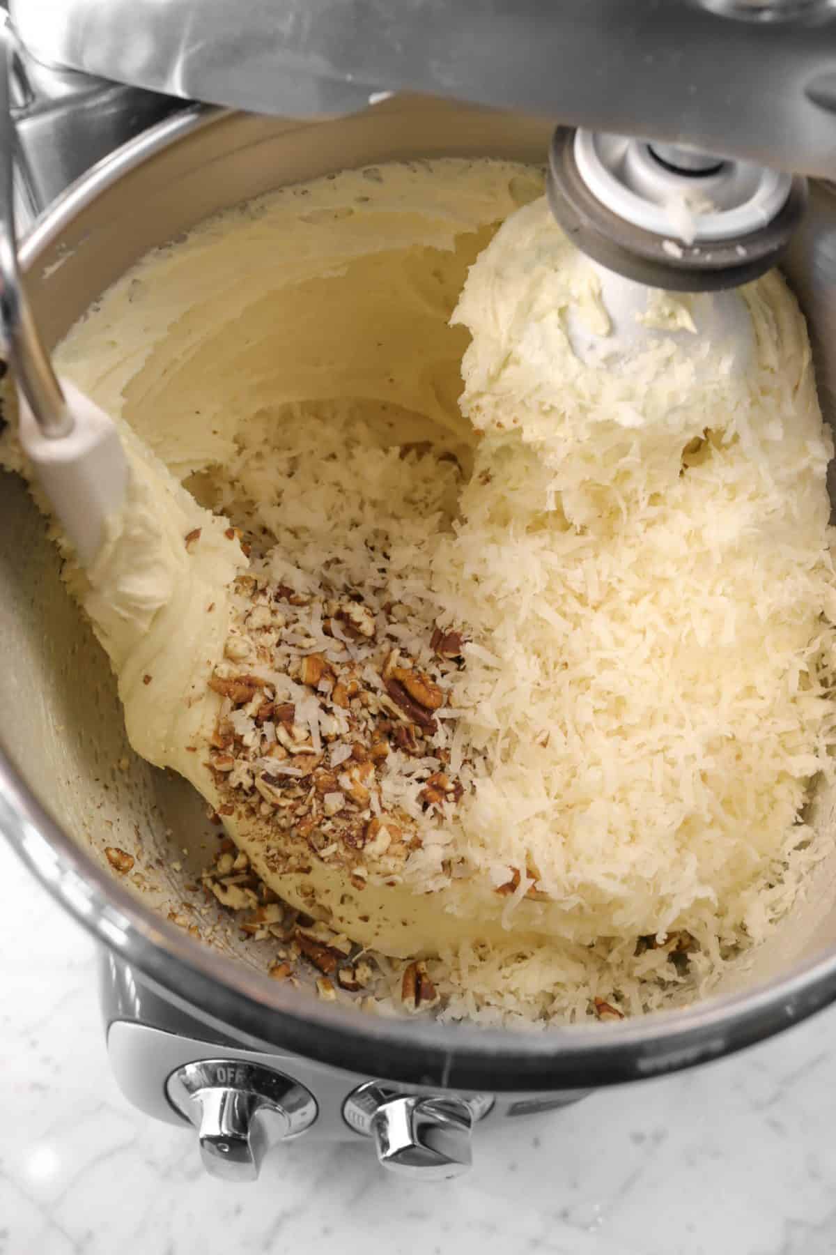 chopped pecans and shredded coconut added to batter