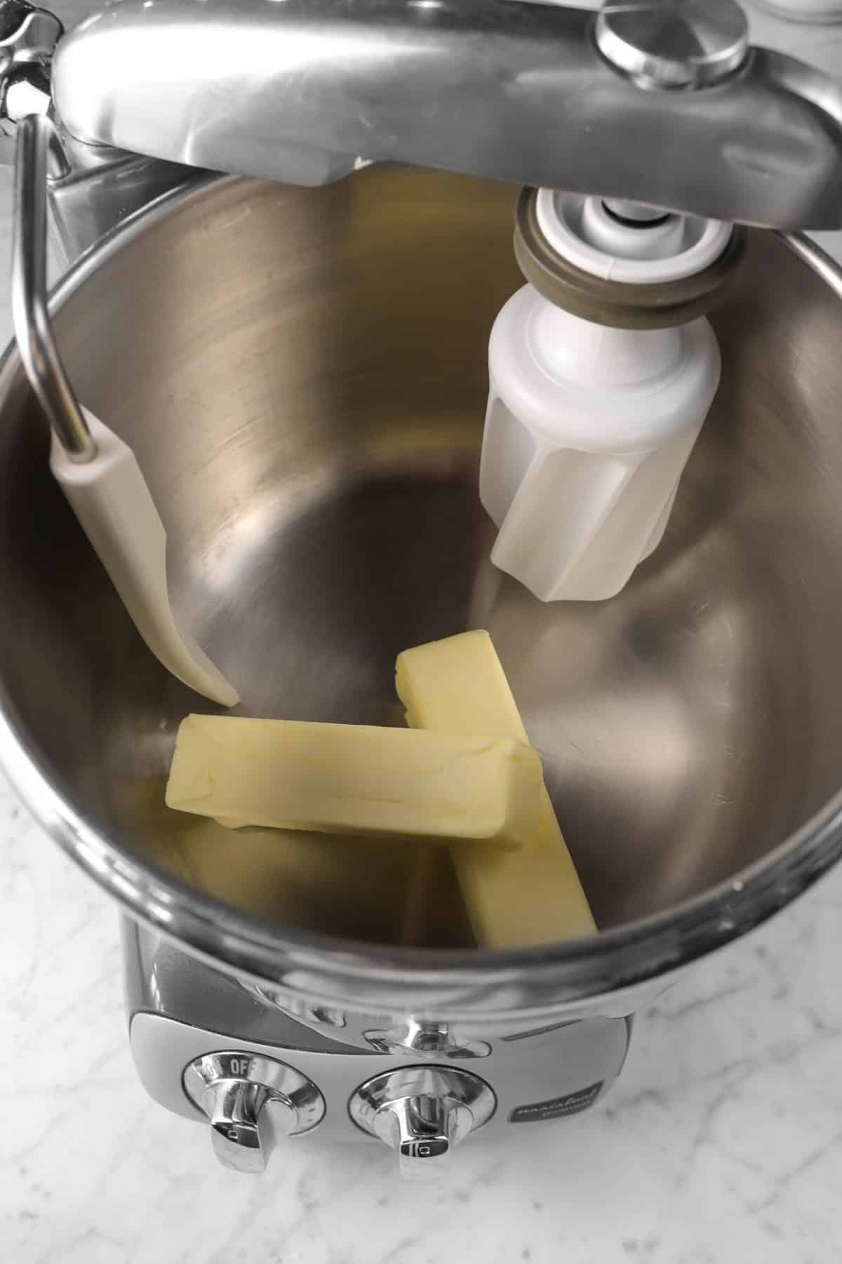 two sticks of butter in a mixer