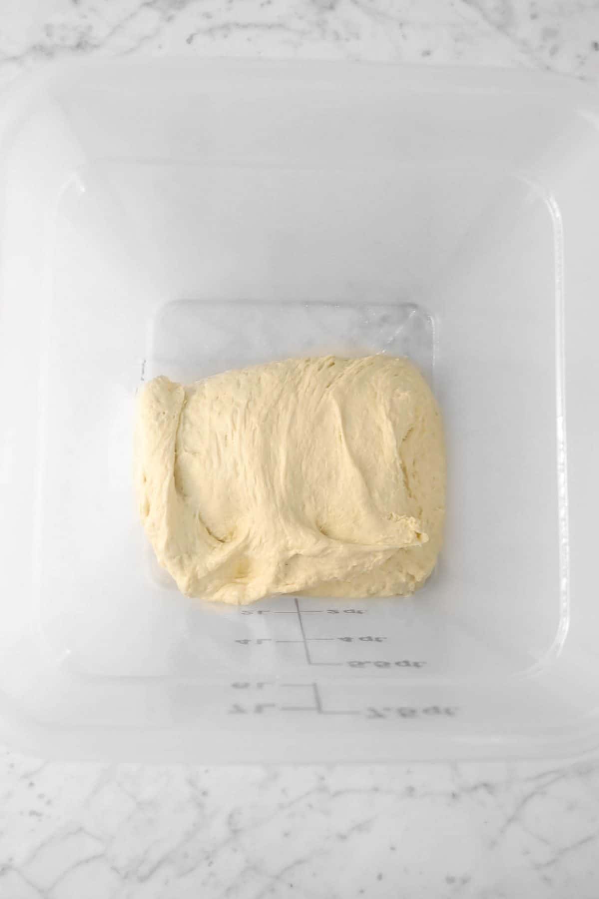 dough folded in half in a plastic bucket