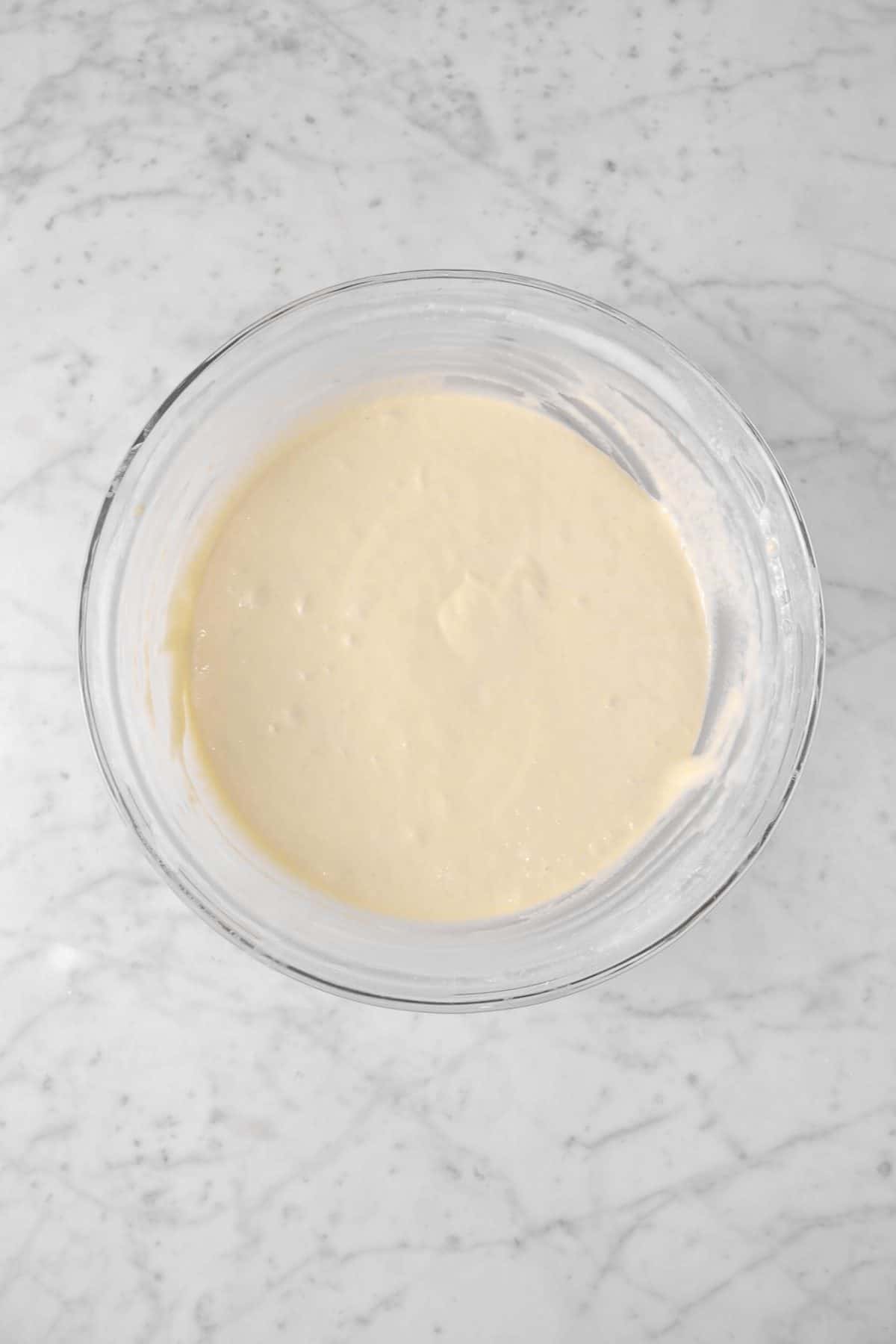 sourdough pancake batter in a glass bowl