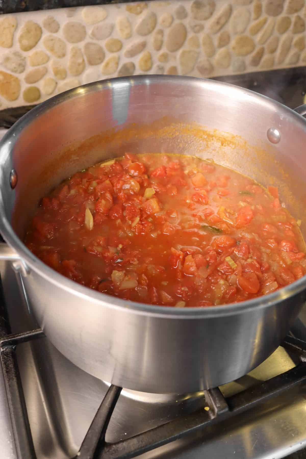 tomato soup cooked down in a small stock pot