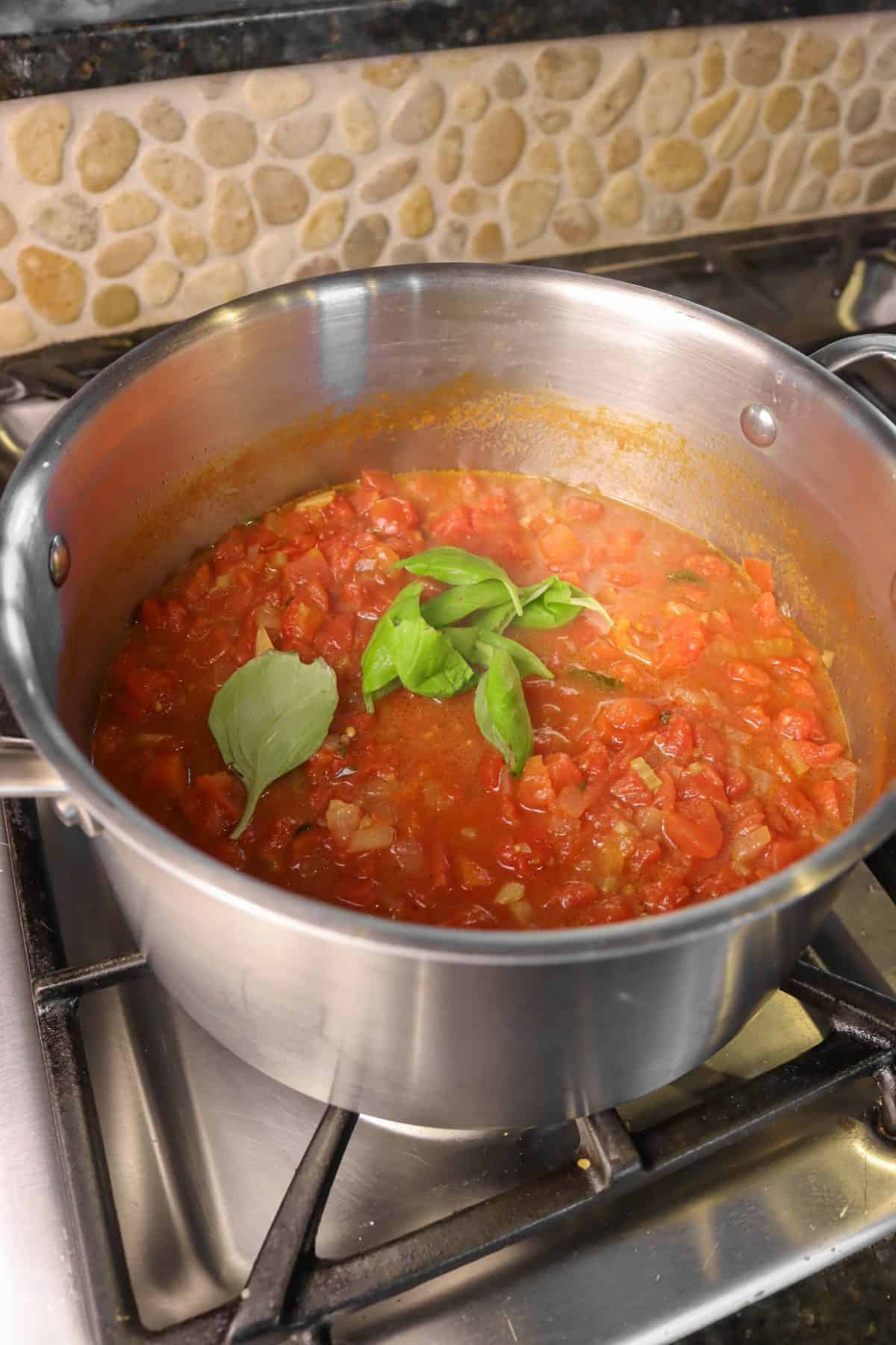 basil added to tomato soup