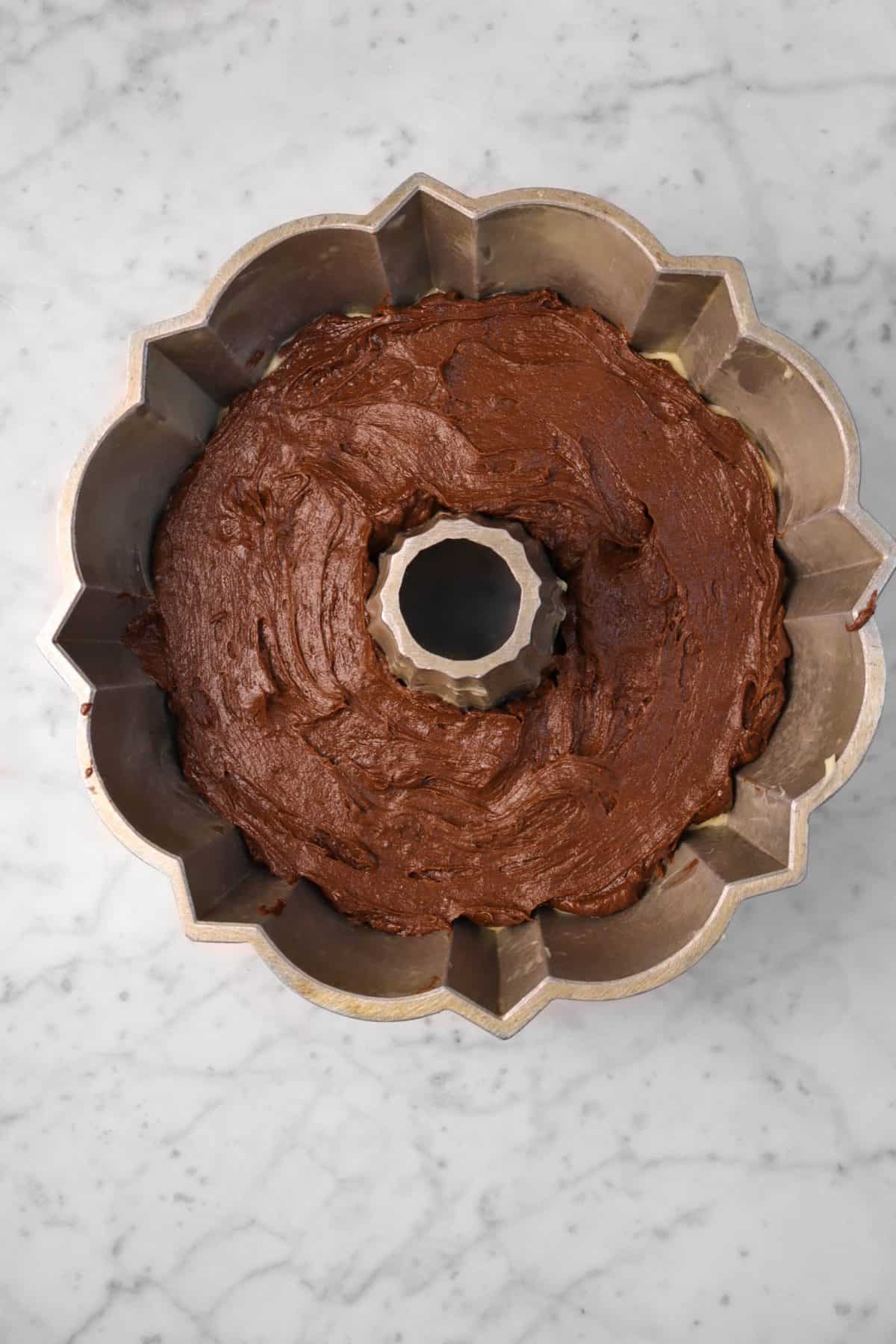 chocolate cake batter added to bundt pan