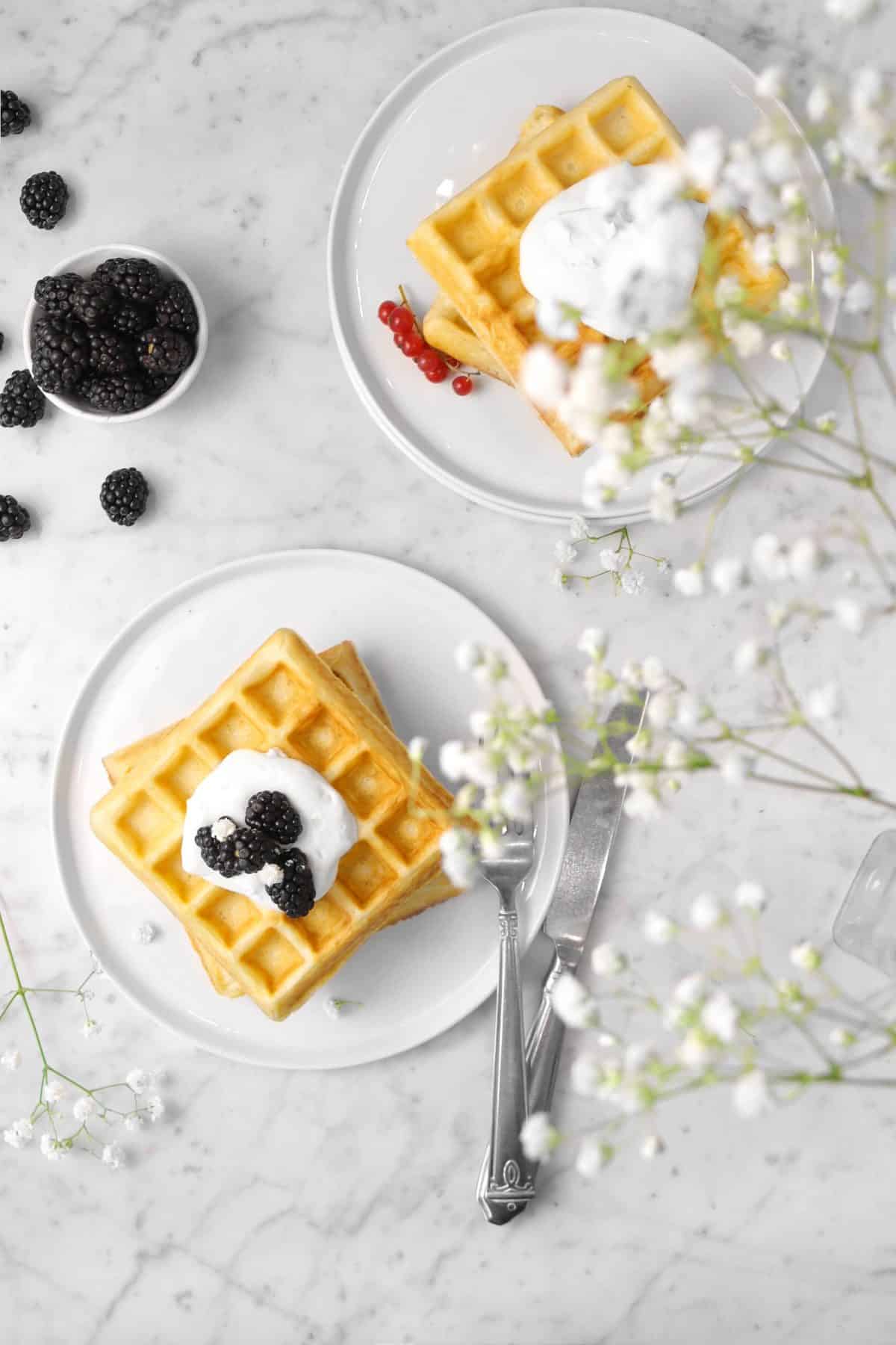 two plates of sourdough waffles on a marble counter with white flowers and blackberries