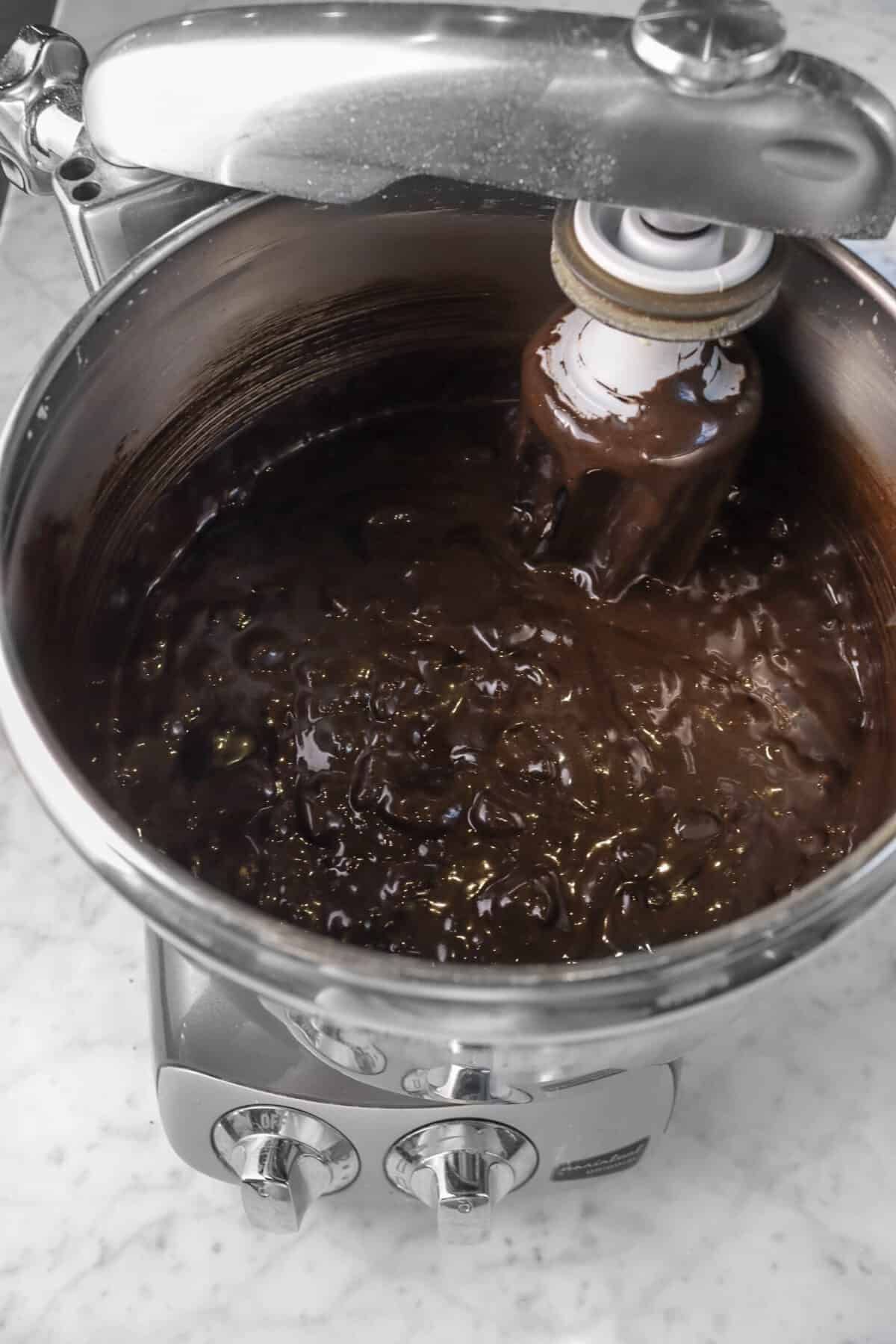 blackout brownie batter in a mixer bowl