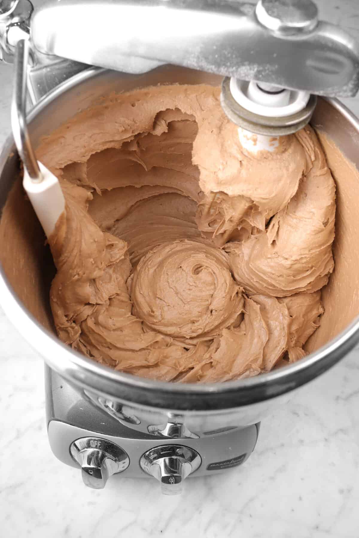 cake batter in a mixer bowl