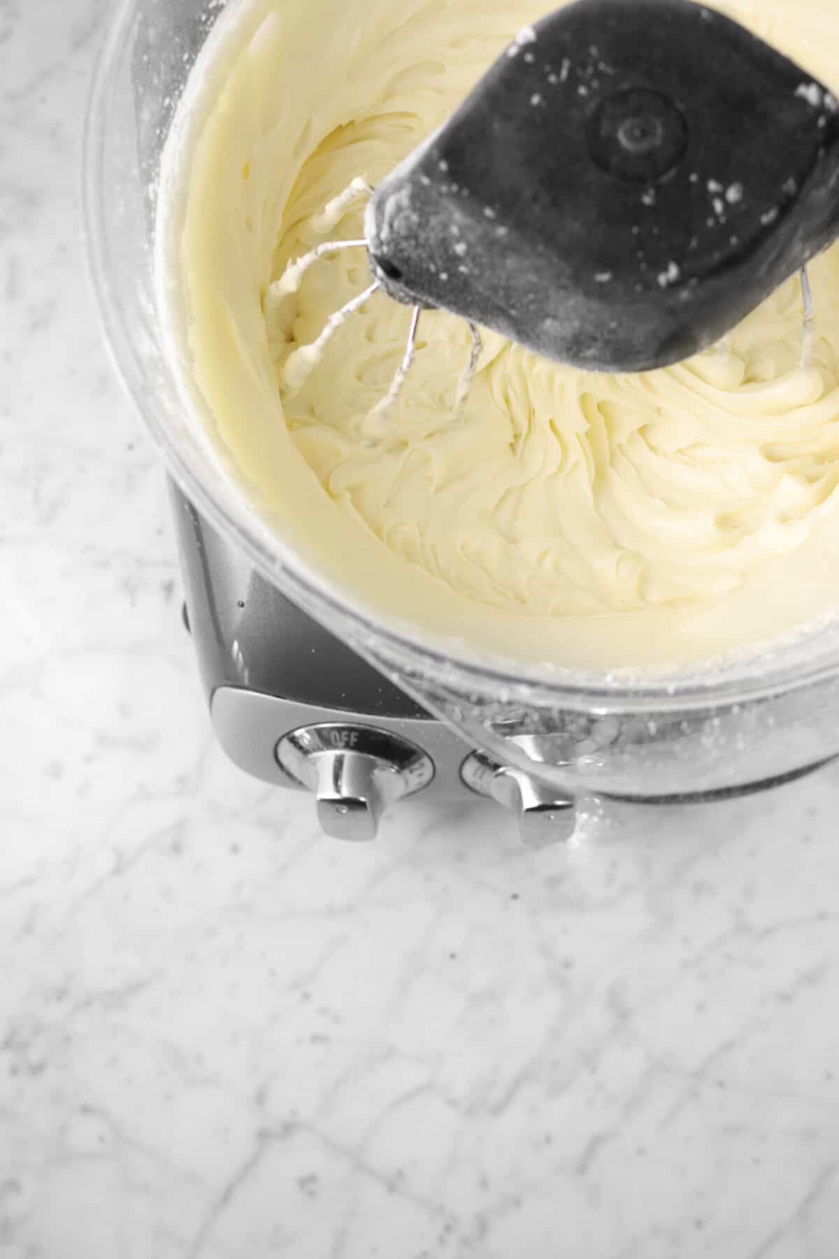 cream cheese frosting in a mixer