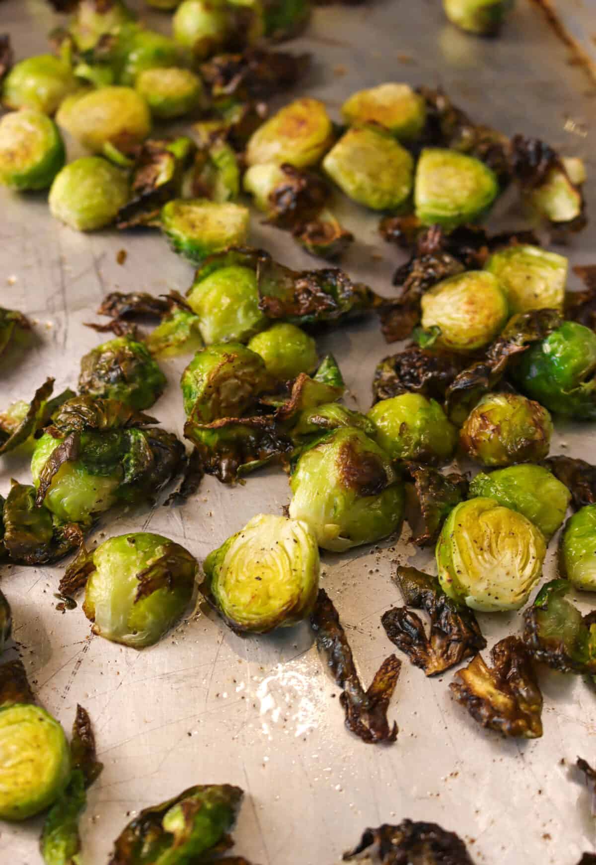 roasted brussel sprouts on a sheet pan