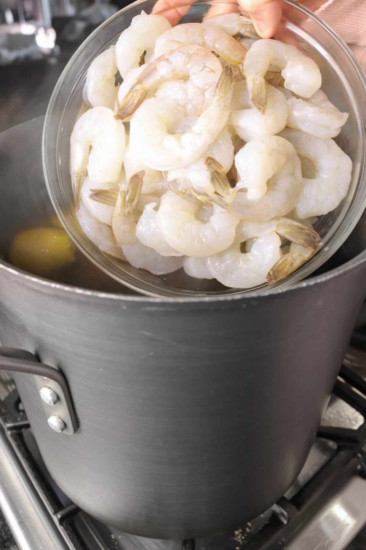 shrimp being dumped into large pot