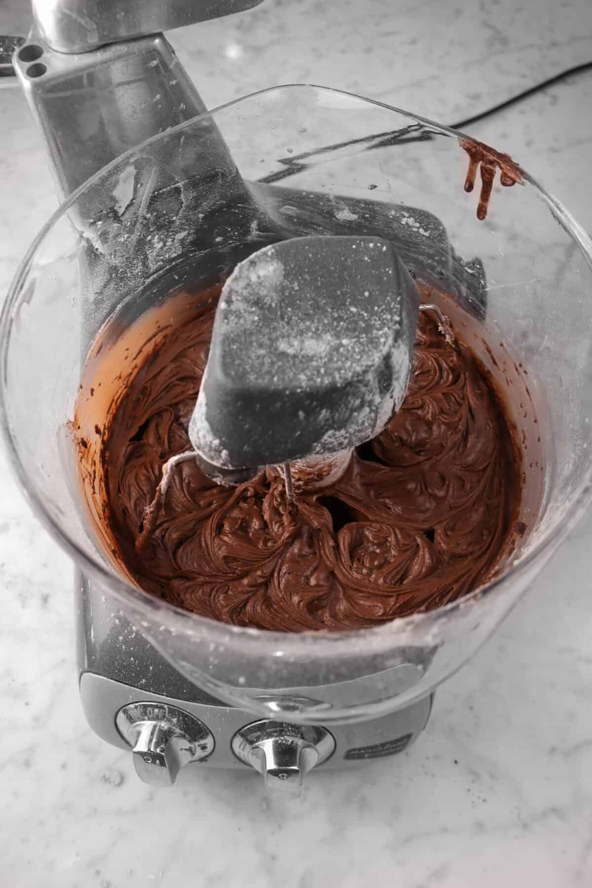 chocolate buttercream frosting in a mixer