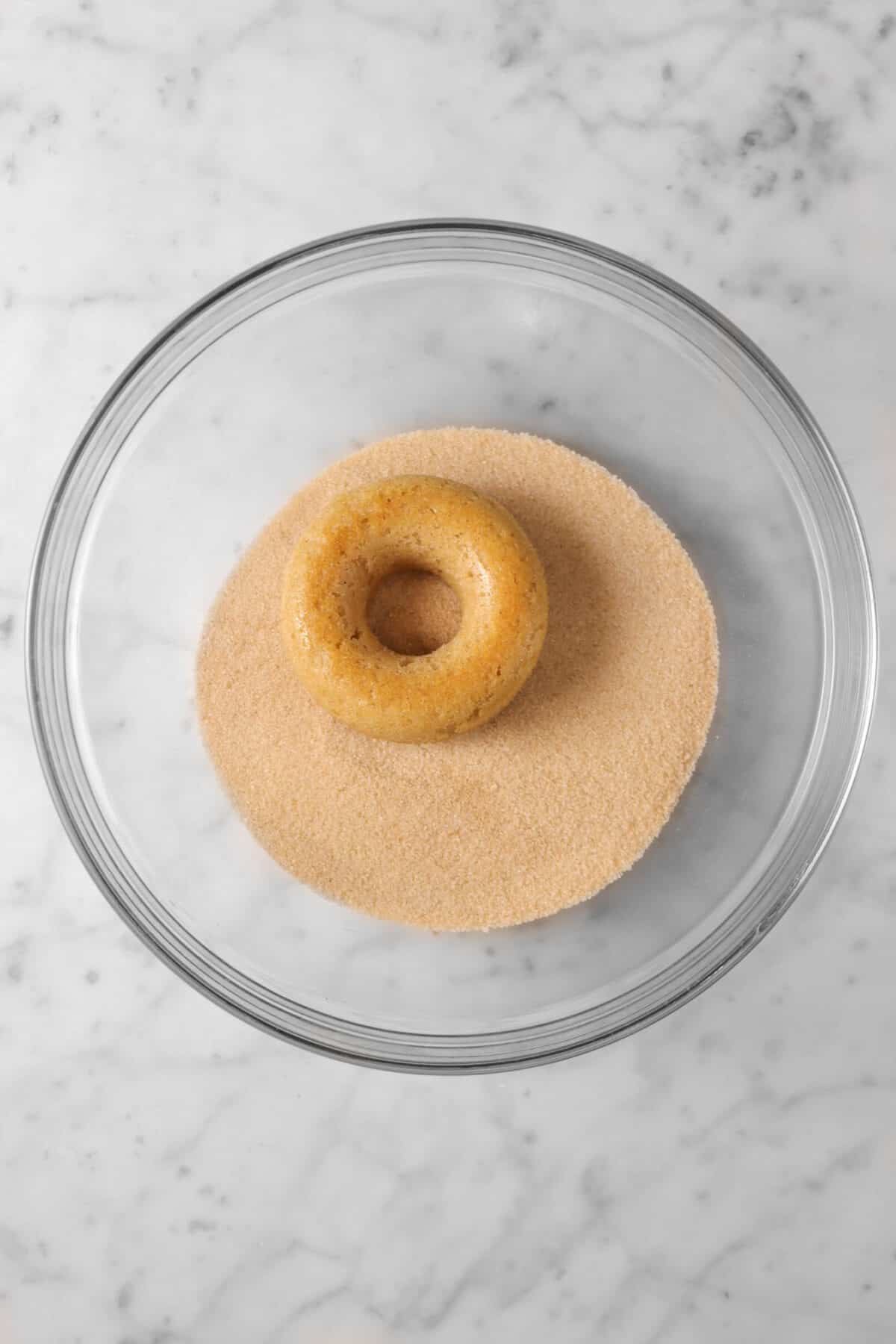 a cinnamon donut in cinnamon sugar