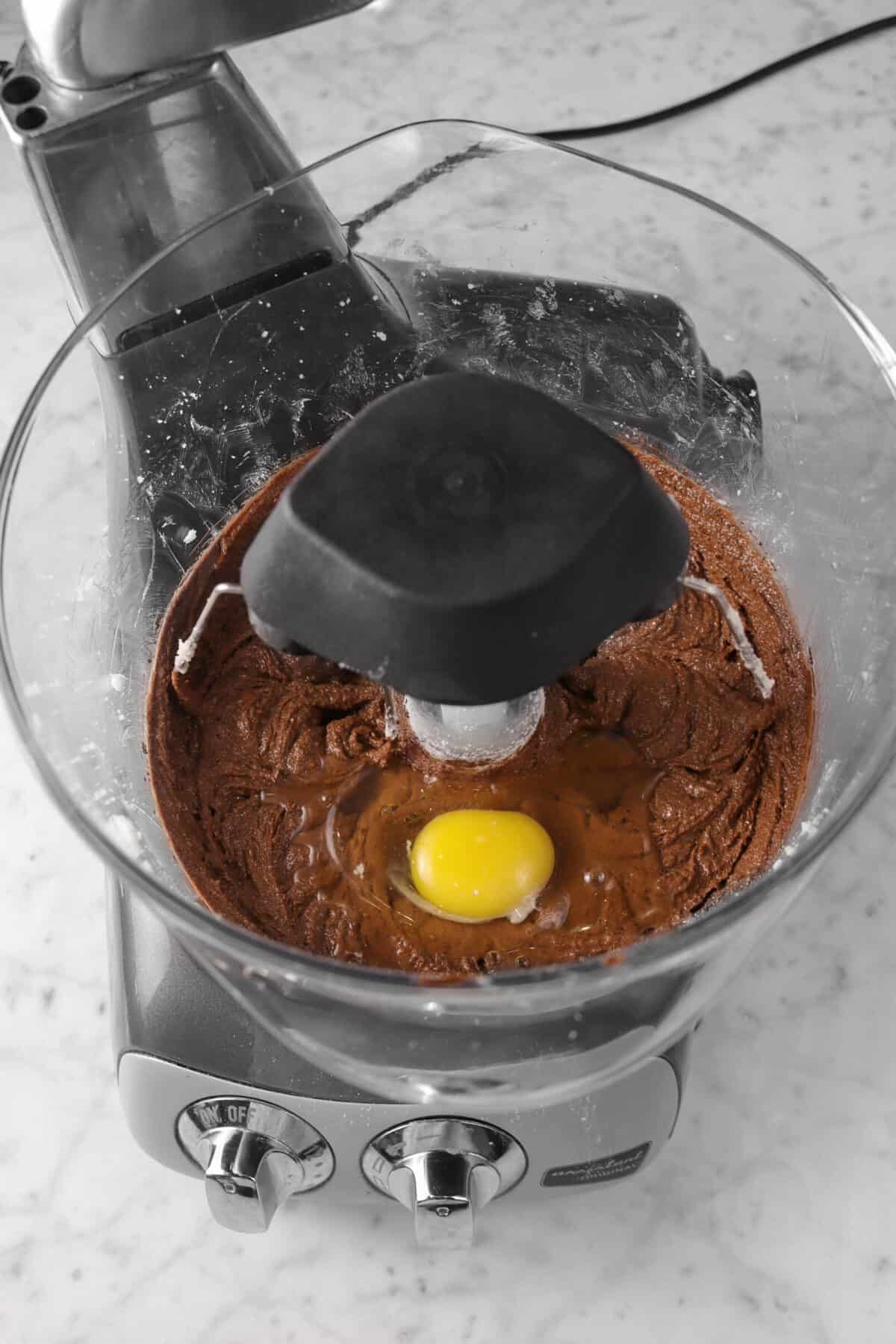 one egg added to chocolate mixture