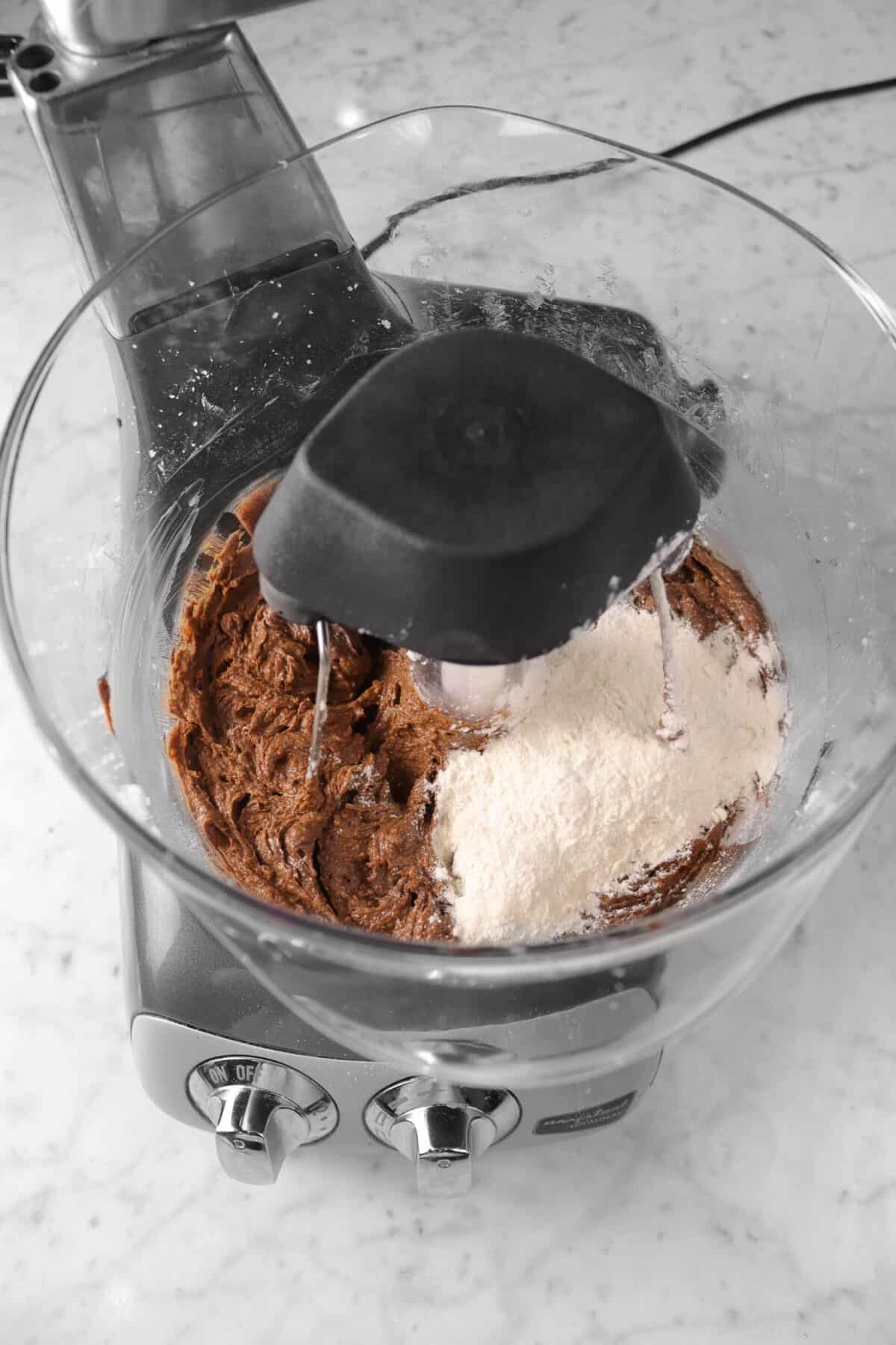 flour added to chocolate mixture