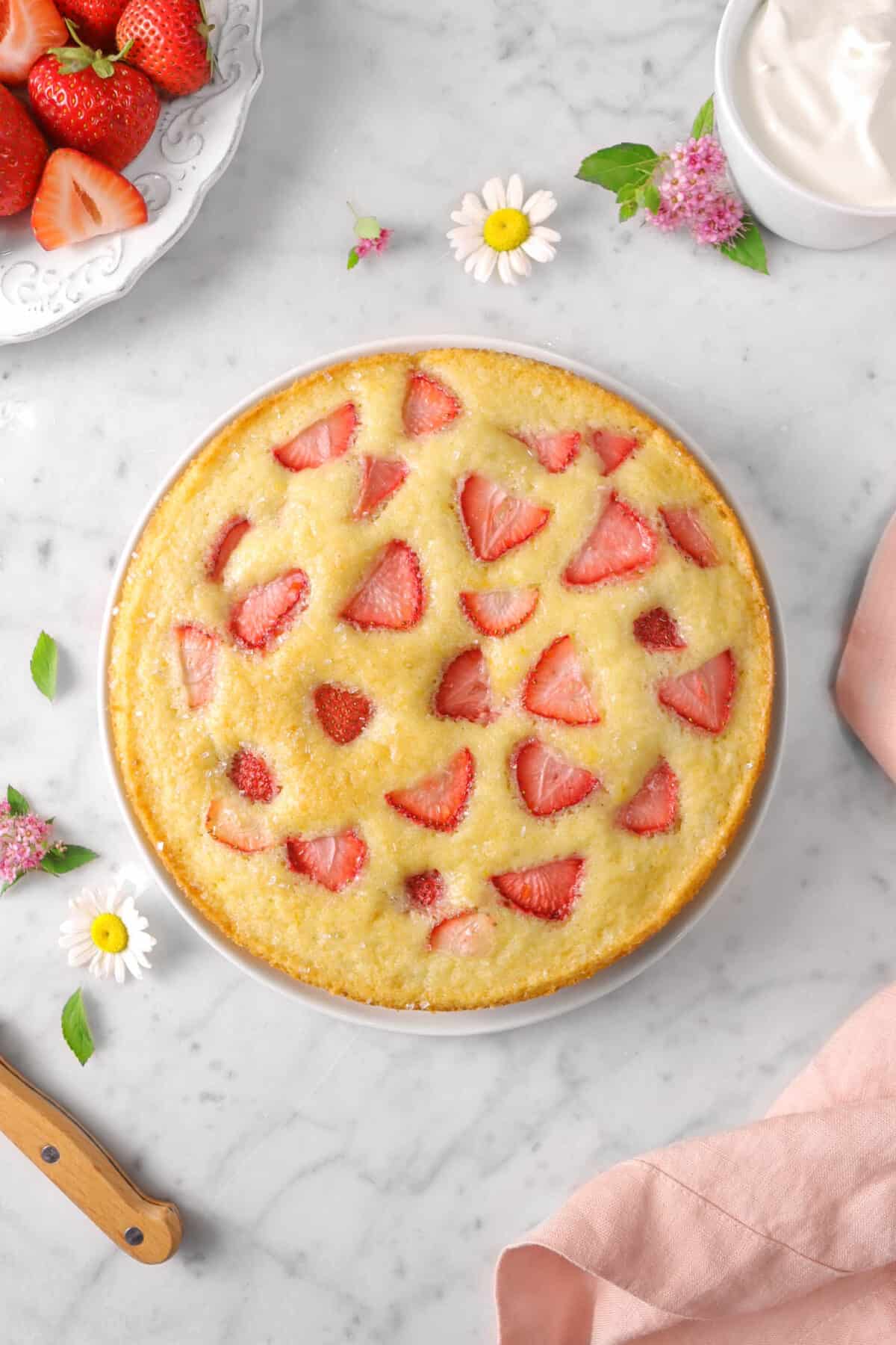 strawberry snack cake on a white plate with flowers, a pink napkin, a knife hilt, strawberries, and whipped cream