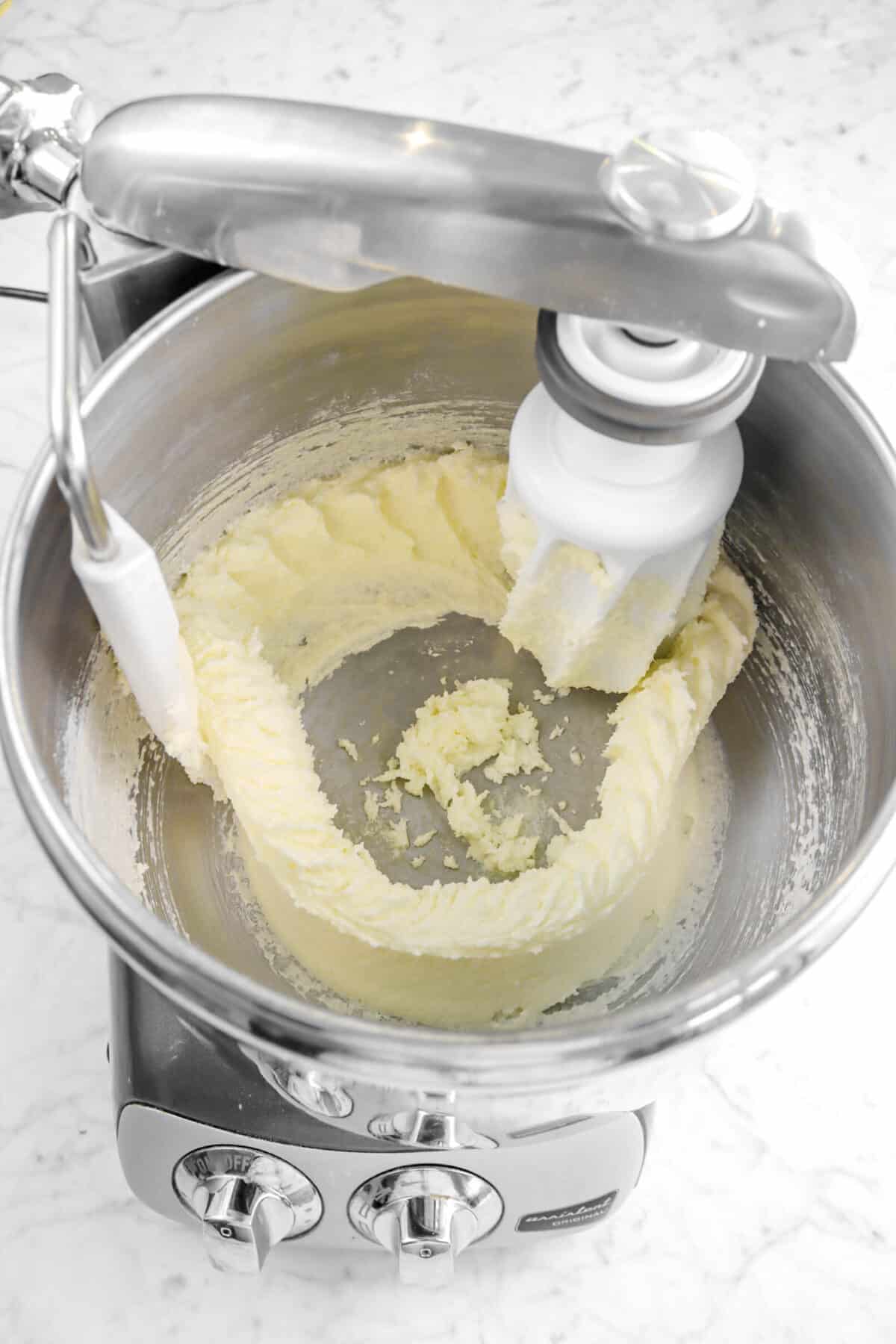 egg mixed into butter and sugar mixture