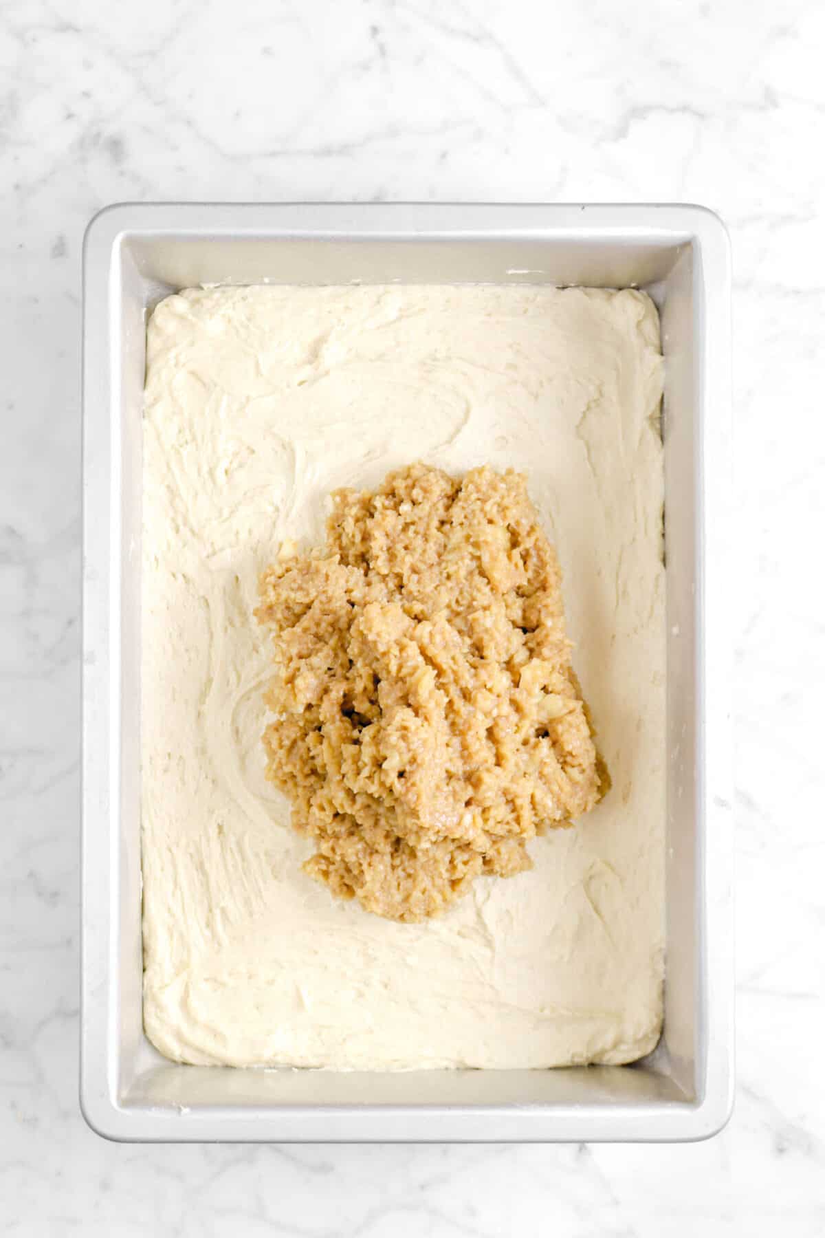ground apple pie filling added on top of coffee cake batter