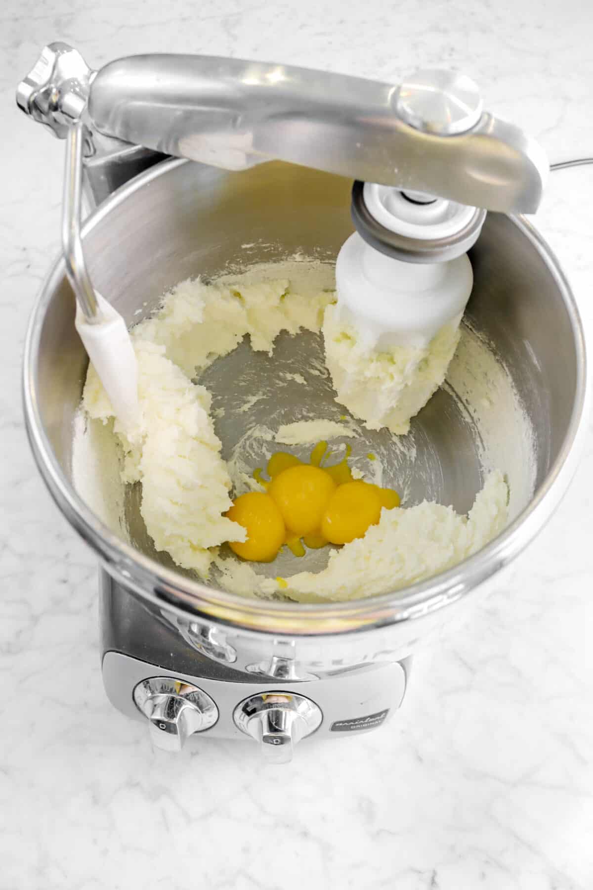 three egg yolks added to butter mixture