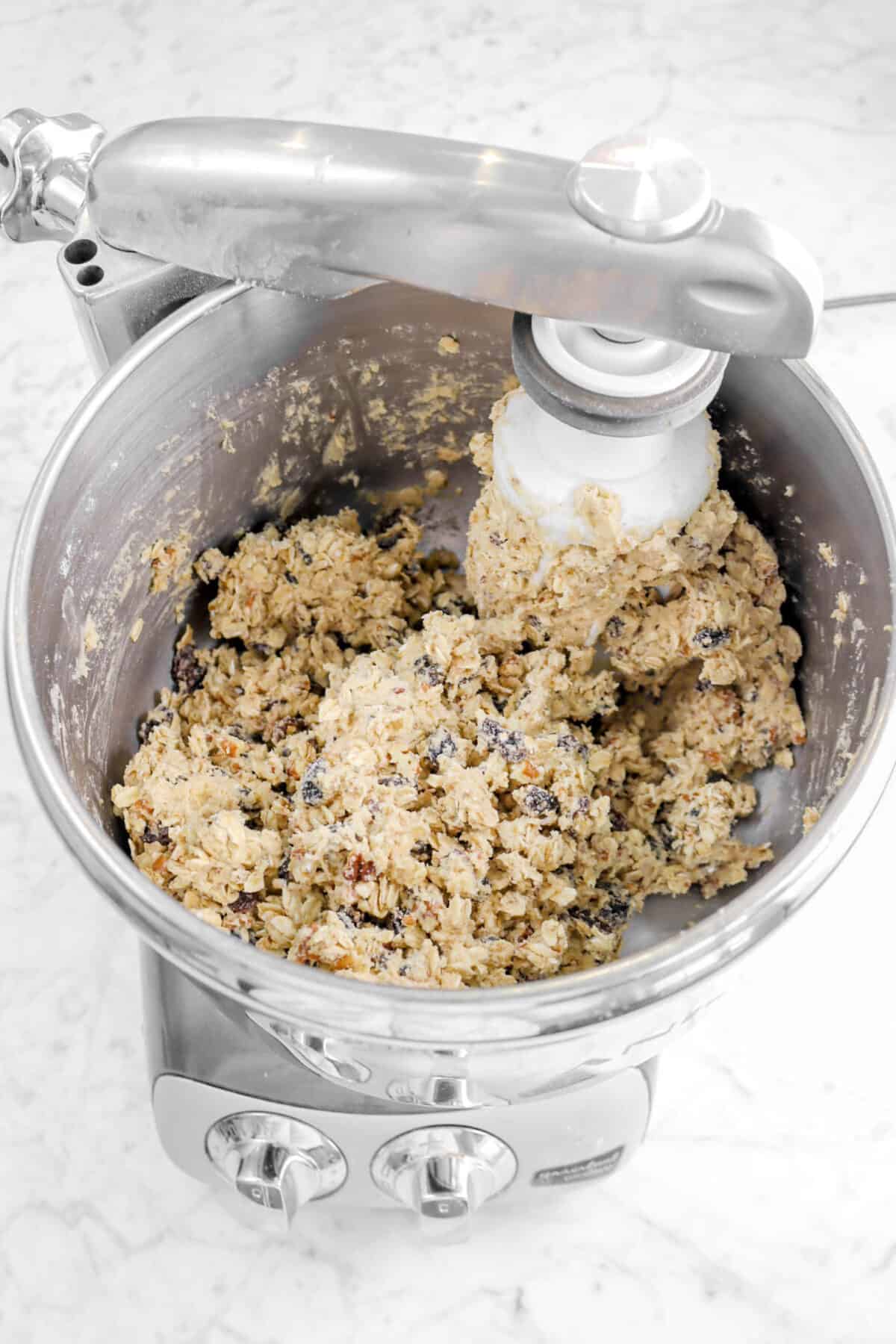 raisins, oats, and pecans stirred into cookie dough