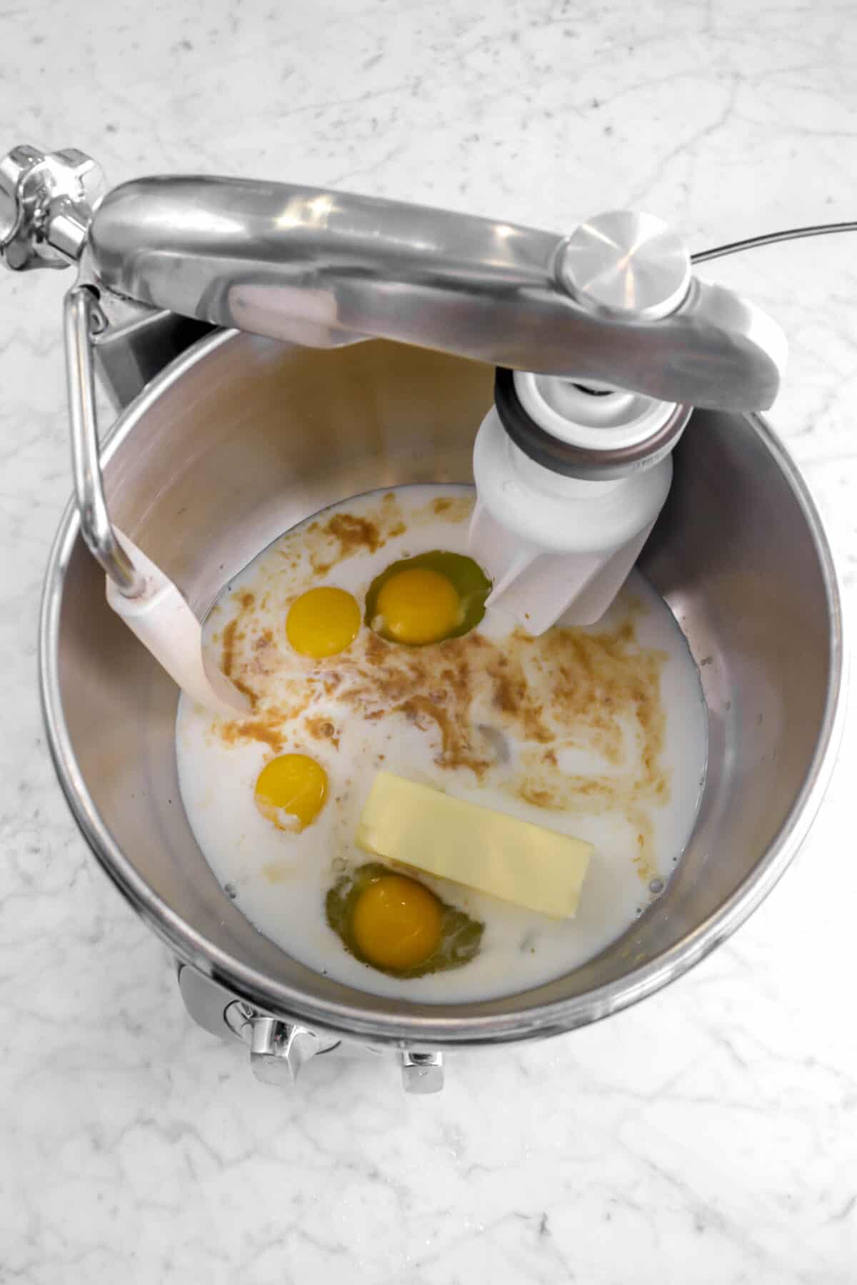 eggs, butter, milk, and vanilla in a mixer