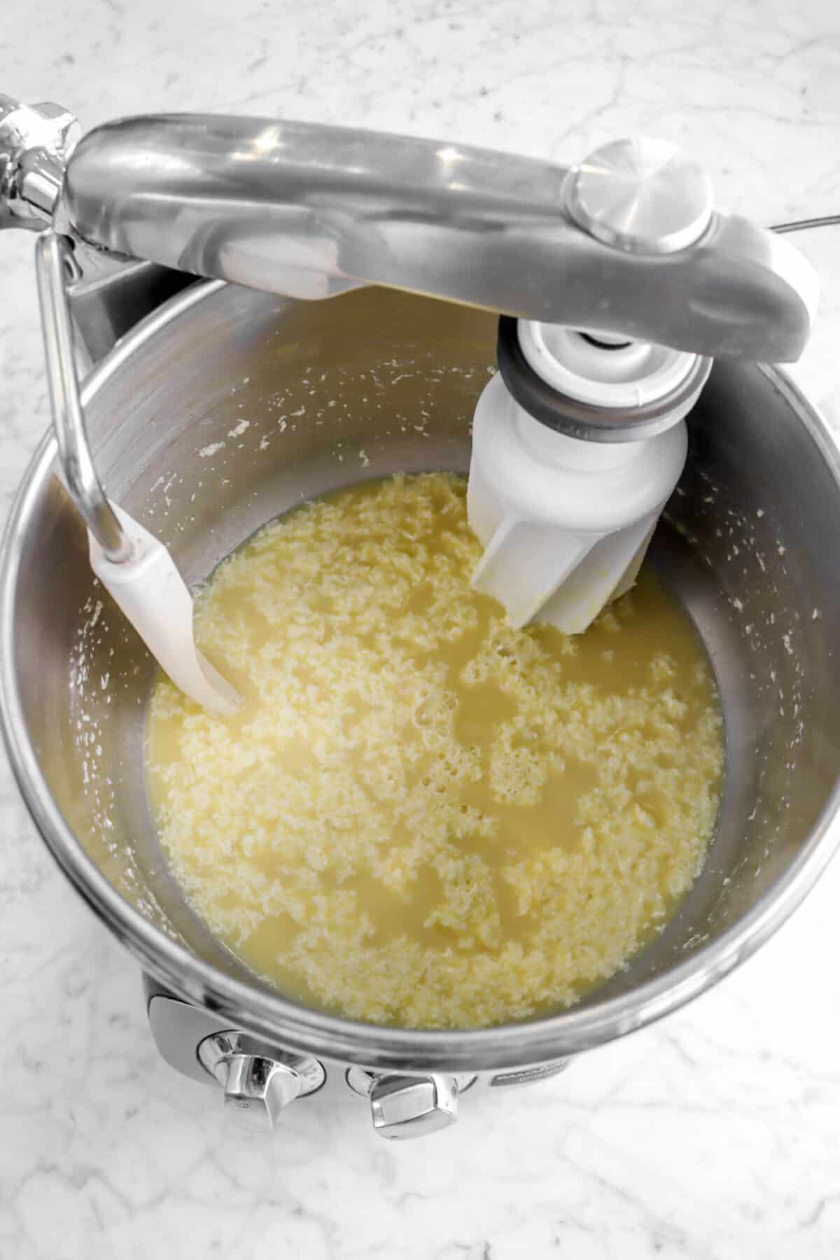 wet ingredients mixed in a mixer