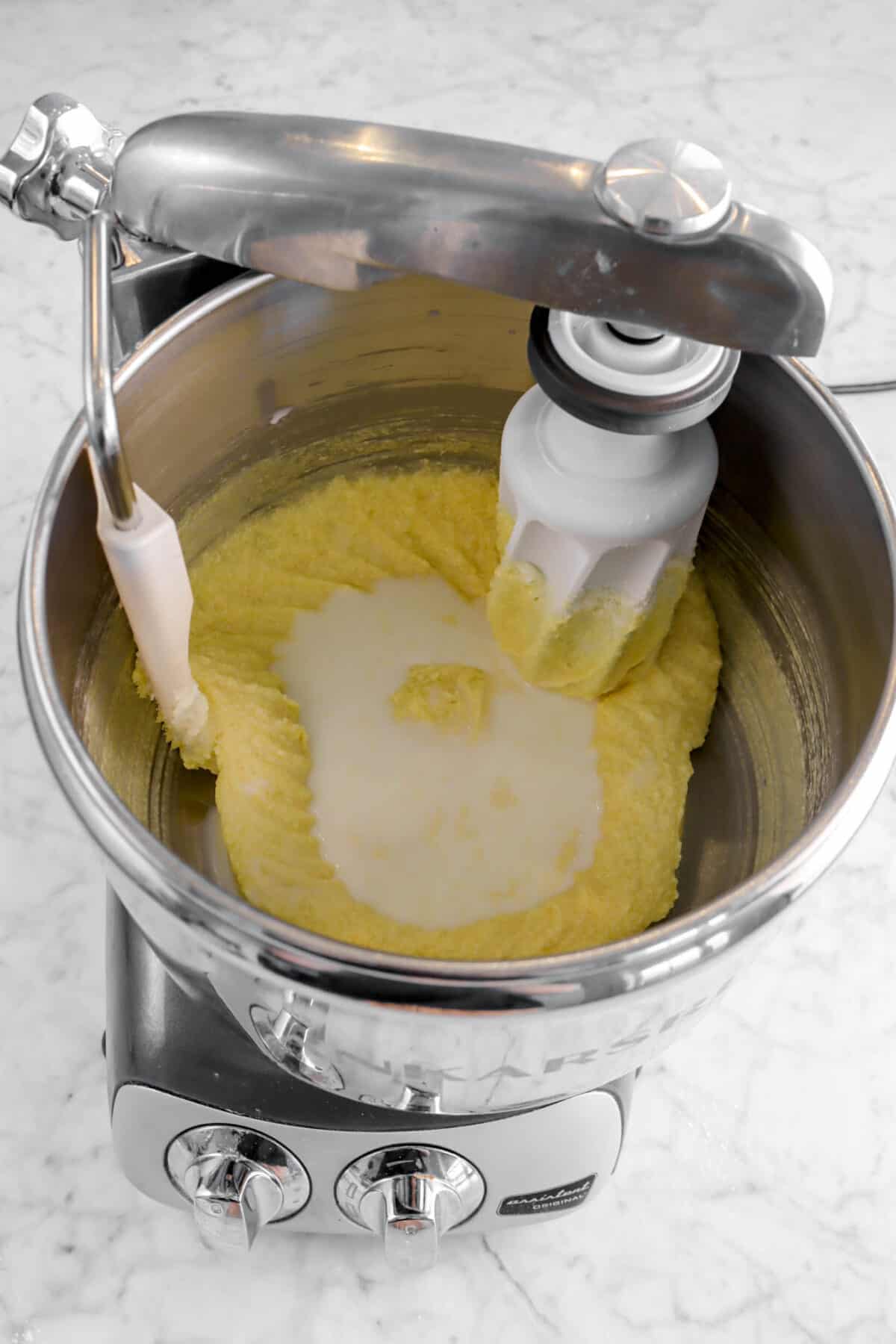 milk added to butter and flour mixture