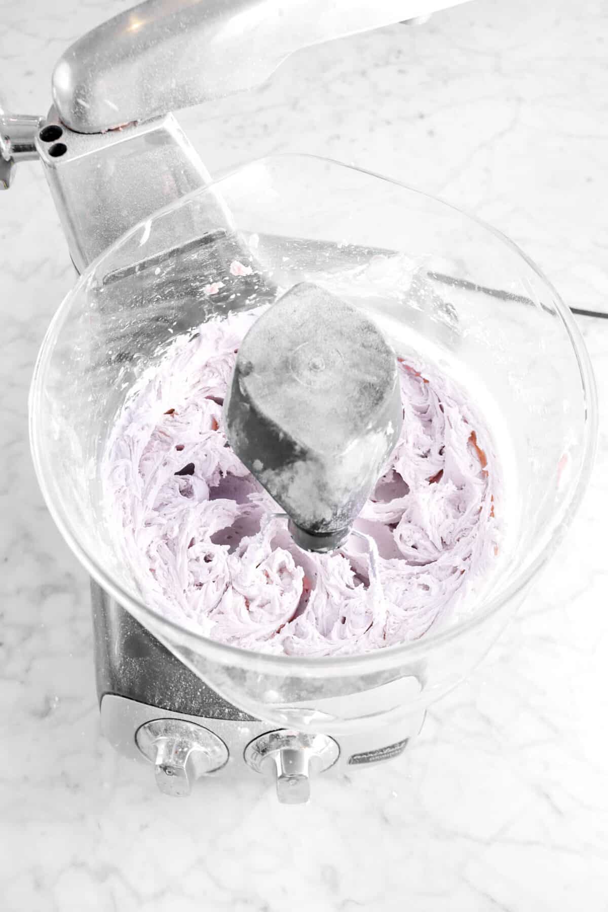 purple buttercream frosting in mixer