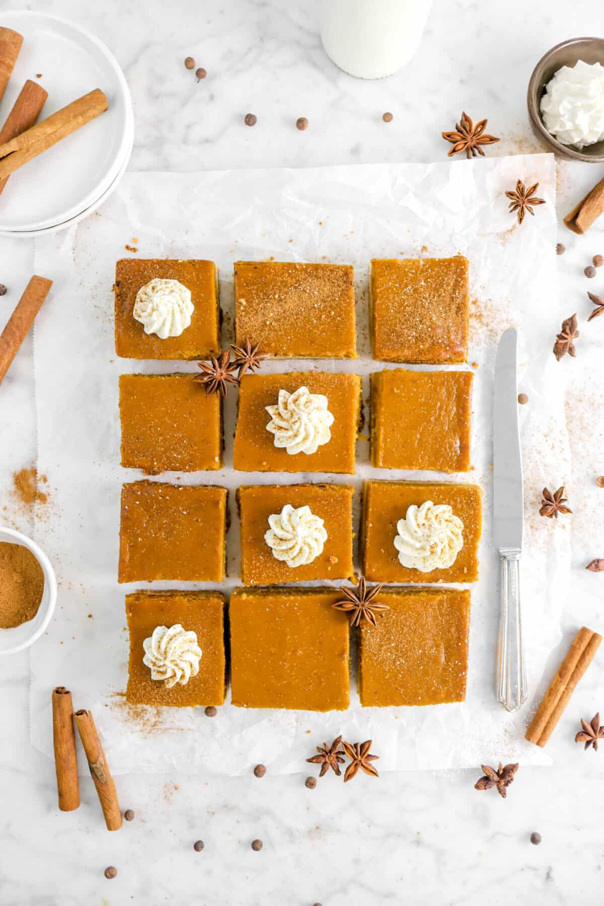 overhead shot of twelve pumpkin bars with five of them having whipped cream on top and whole spices around