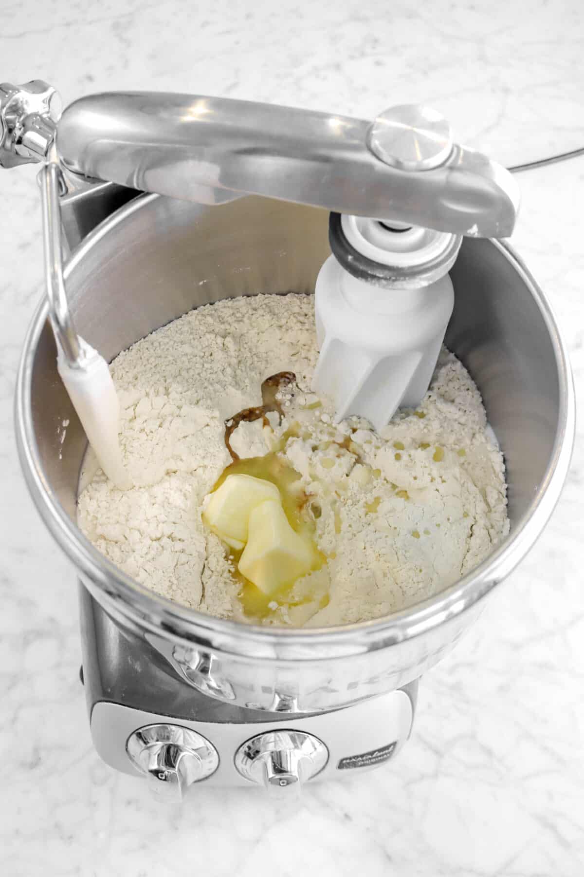 butter, eggs, and vanilla added to dry ingredients