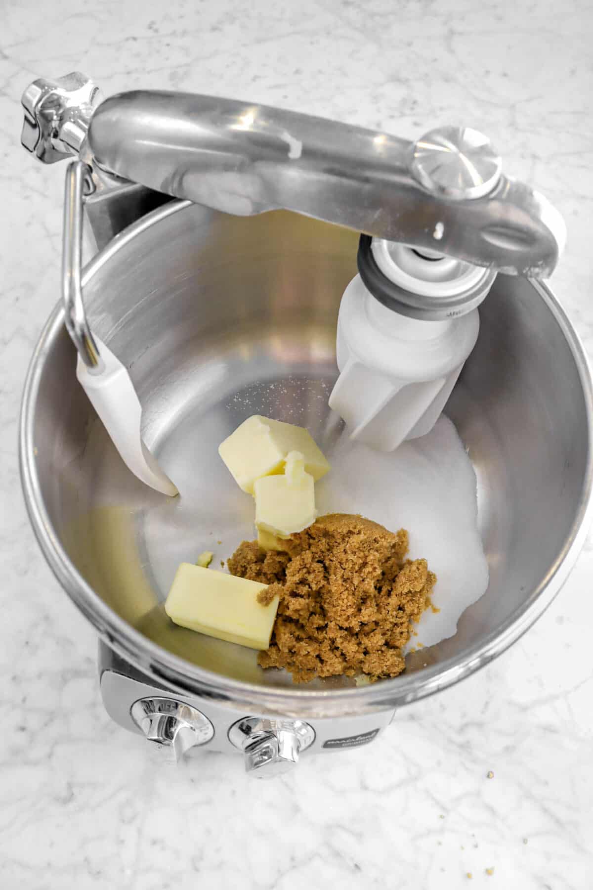 brown sugar, sugar, and butter in a mixer