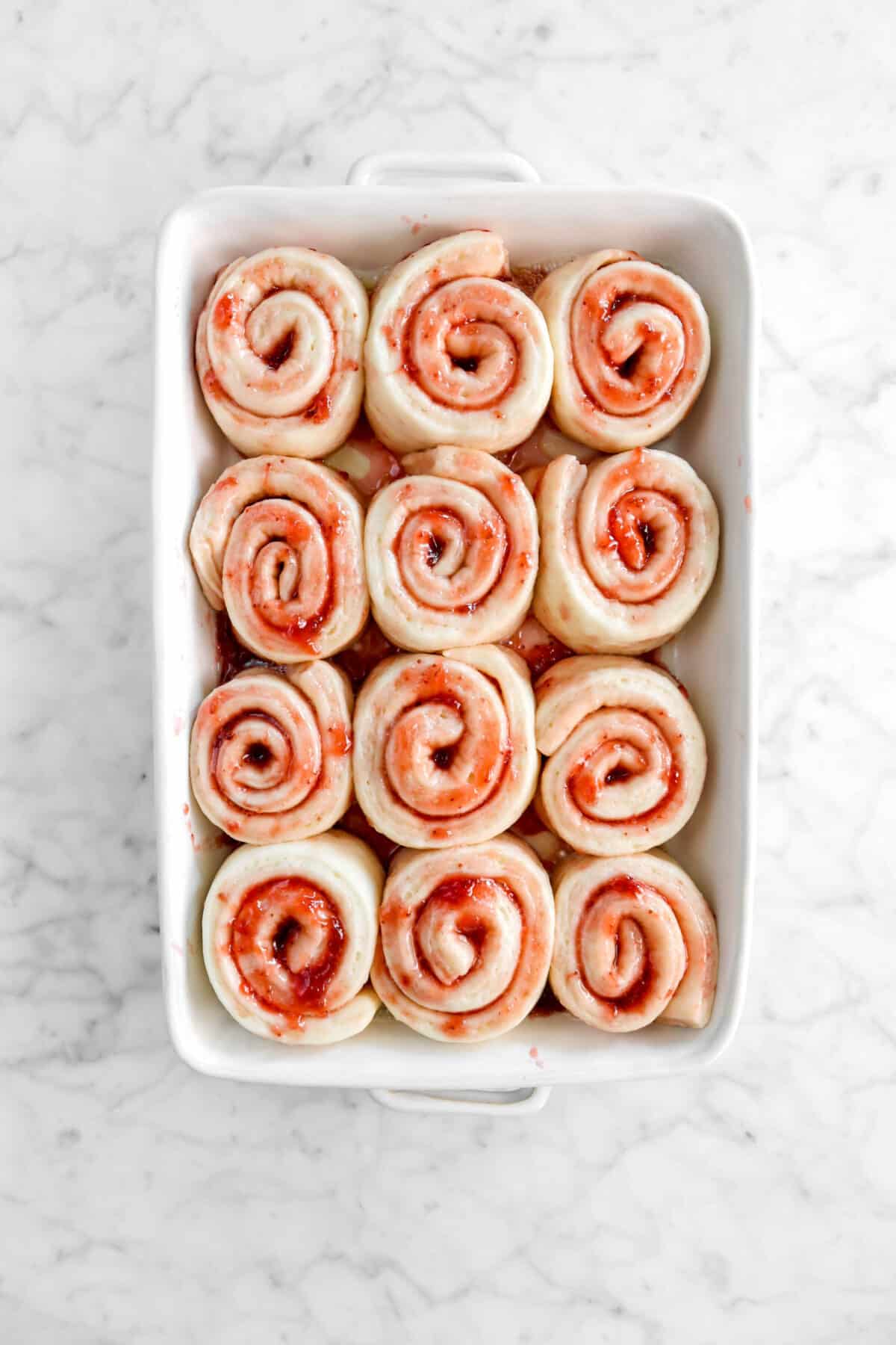 strawberry rolls doubled in size in rectangular pan