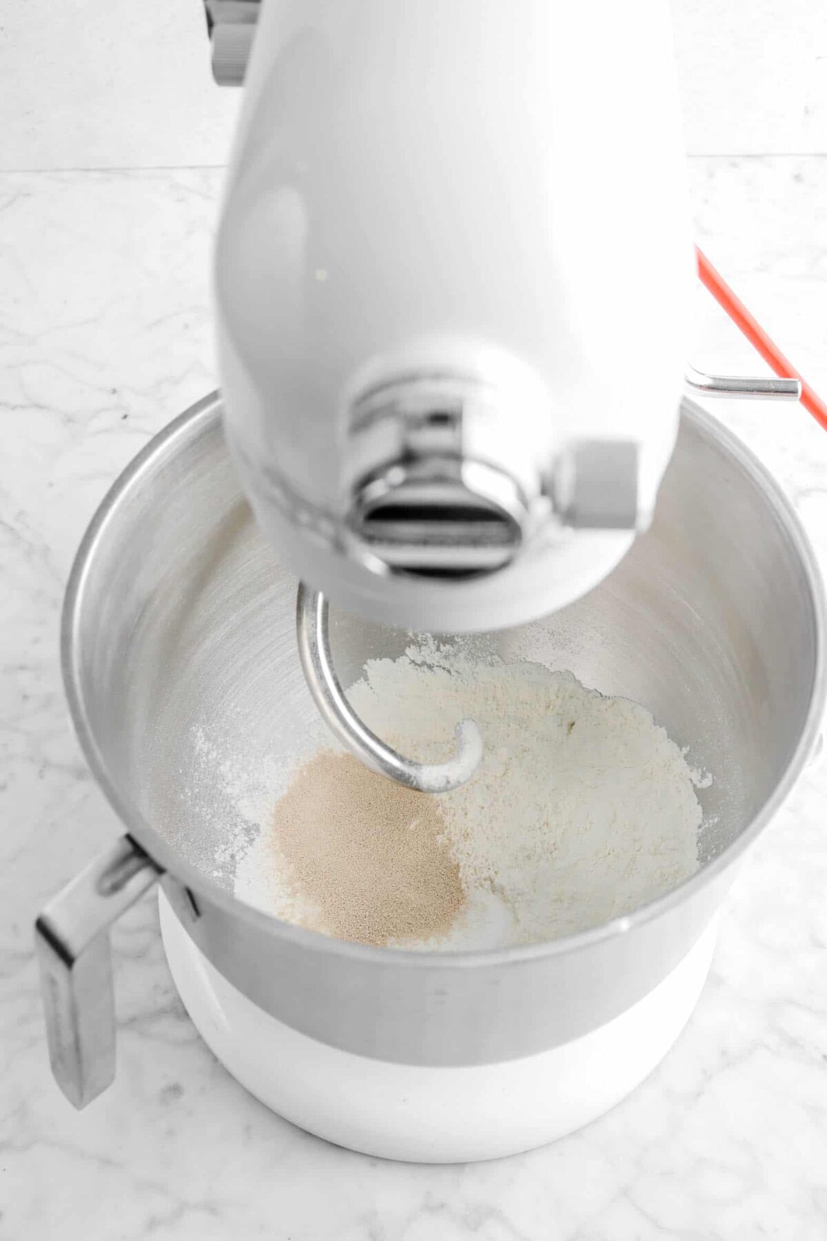 flour and yeast in a mixer bowl