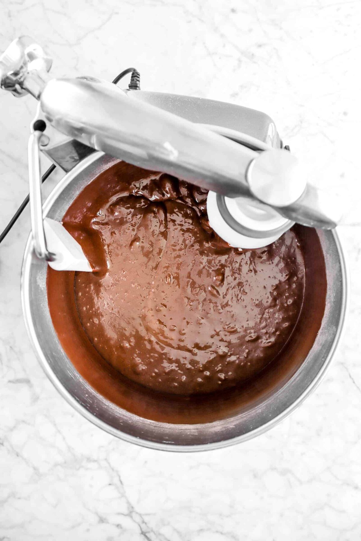brownie batter in mixer bowl