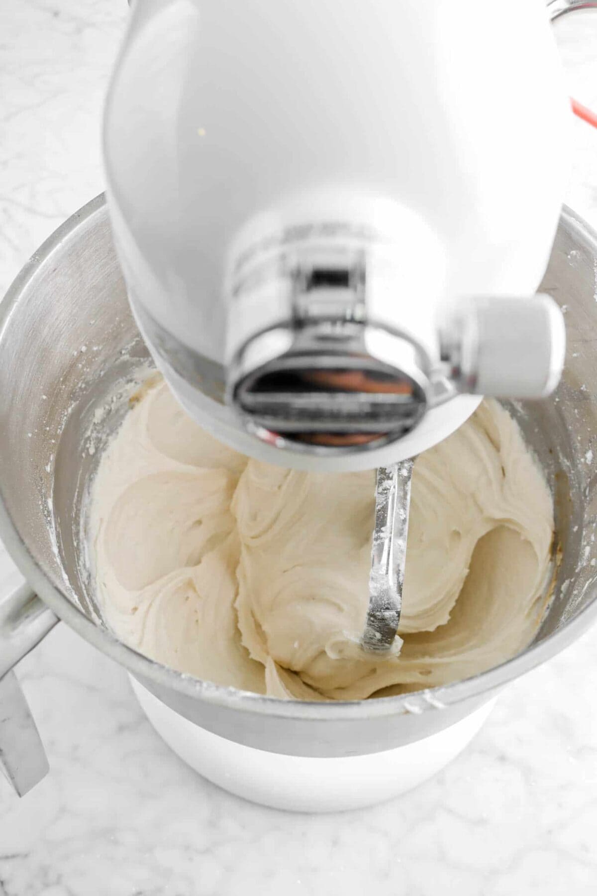 cake batter in a mixer bowl
