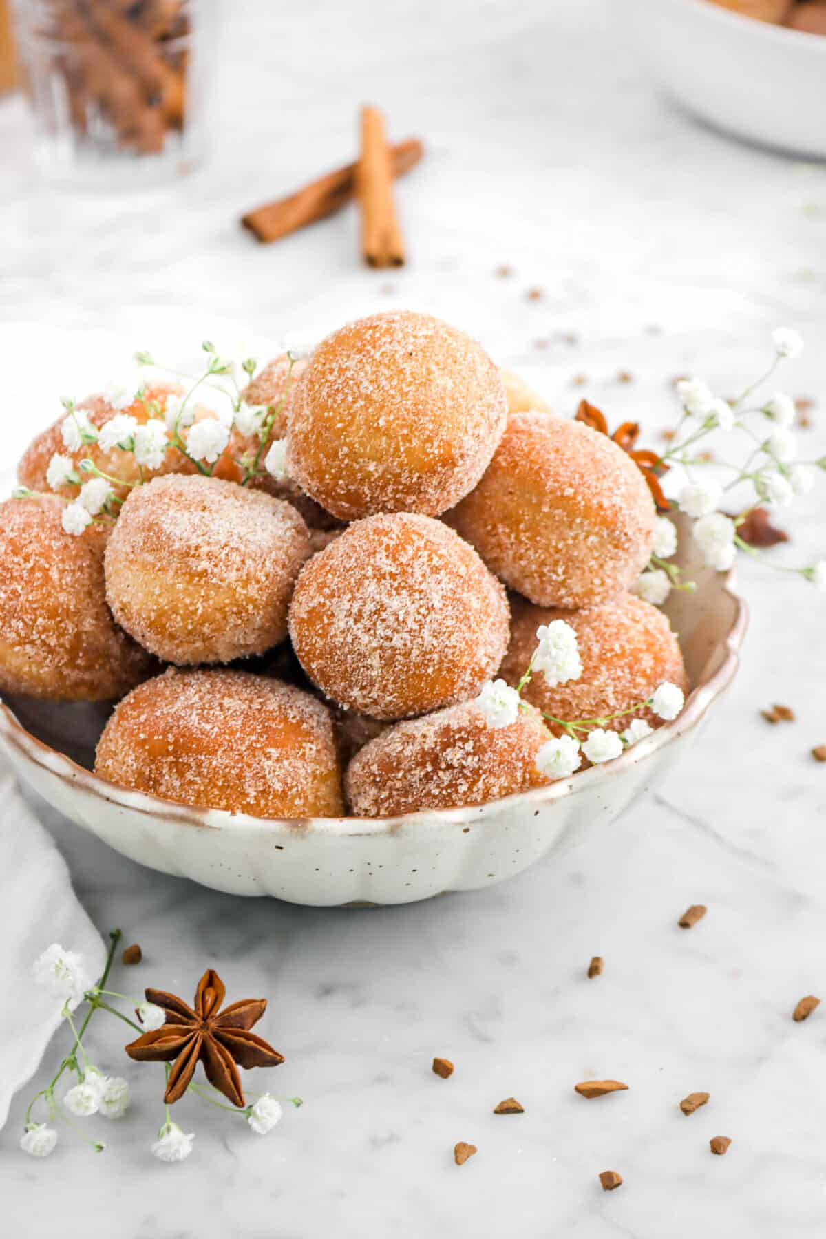 donut holes in small bowl with flowers