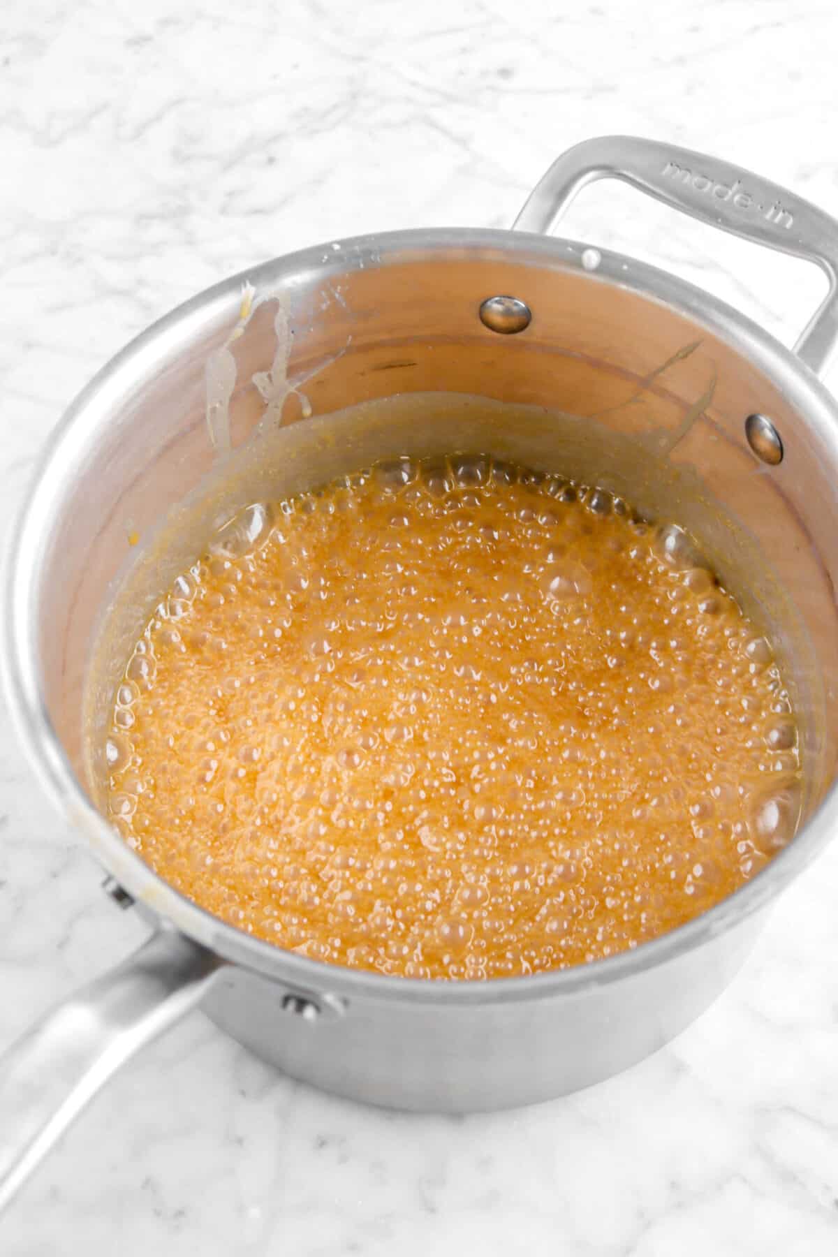 bubbling caramel in small pot