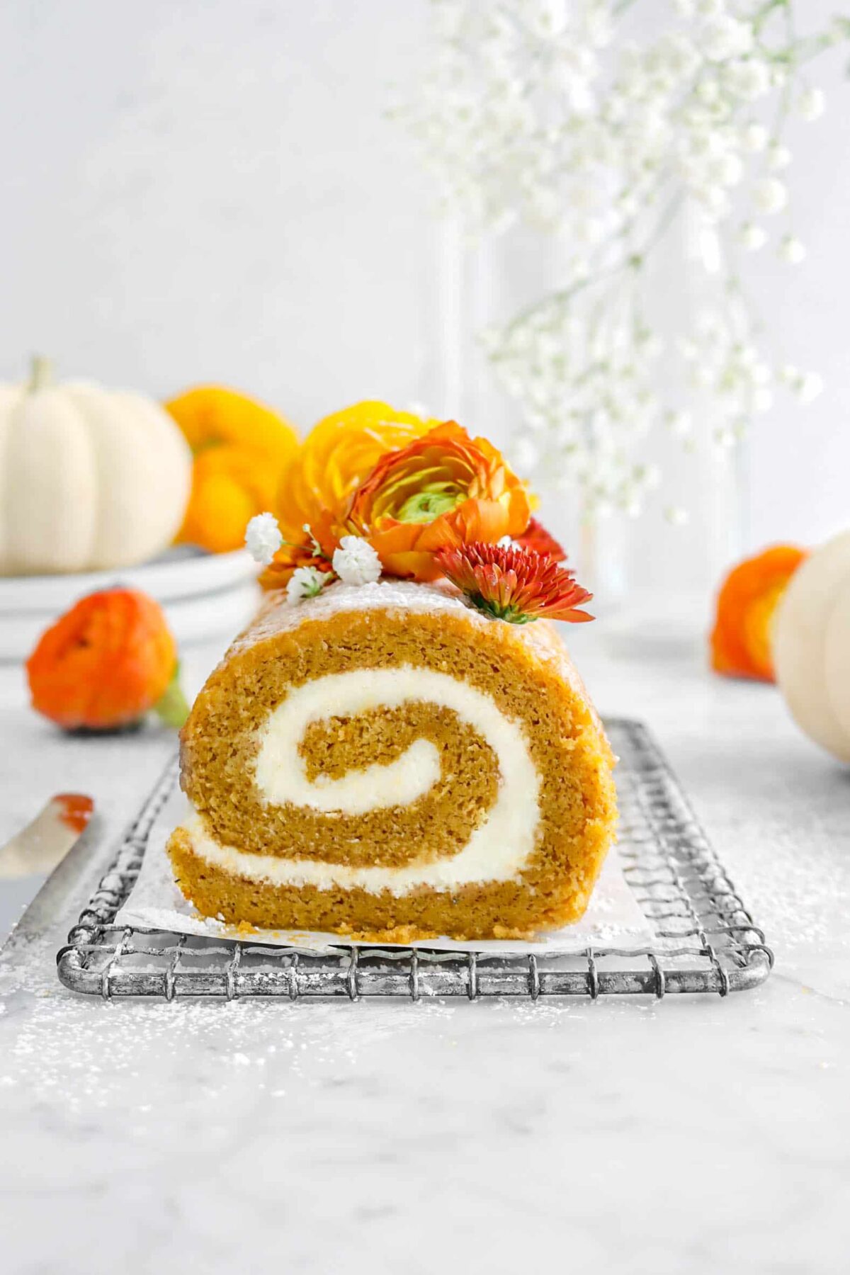 close up of swirl on pumpkin roll