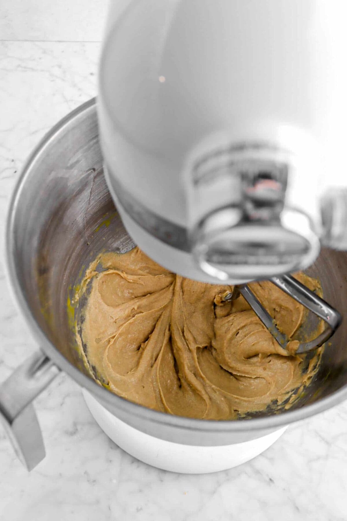 butter and egg mixture in mixer